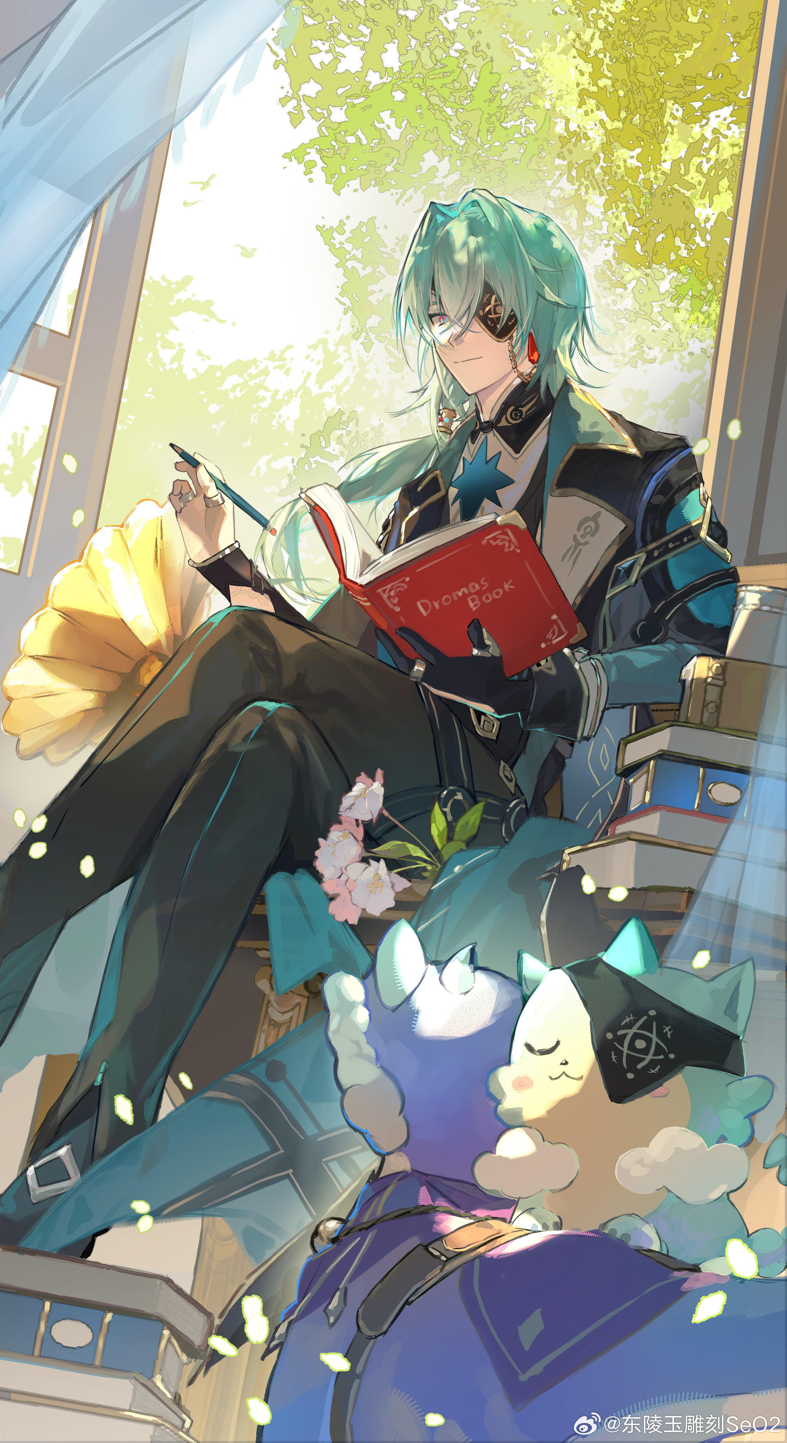 anaxa (honkai: star rail), honkai: star rail, honkai (series), red gem, absurdres, chinese commentary, commentary request, highres, aqua hair, book, book stack, chrysos heirs (honkai: star rail), crystal earrings, dromas (honkai: star rail), earrings, eyepatch, gem, hand tattoo, holding, holding book, jewelry, lamp, library, one eye covered, open book, reading, red tattoo, tattoo, too many, too many books, yellow blood