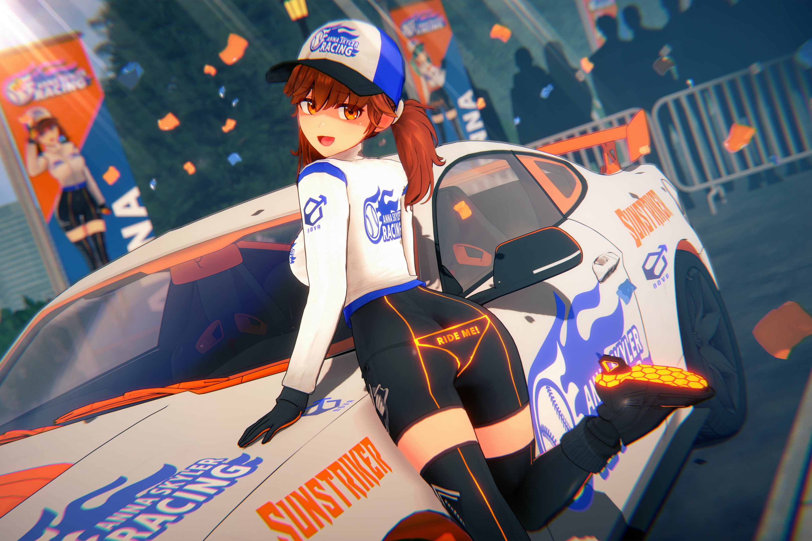 anna anon, original, absurdres, commentary, english commentary, highres, 1girl, anna skyler (anna anon), black gloves, black shoes, black thighhighs, blue hat, breasts, brown hair, from behind, gloves, hat, large breasts, looking at viewer, looking back, people, shirt, shoes, silhouette, smile, solo, thighhighs, twintails, white hat, white shirt