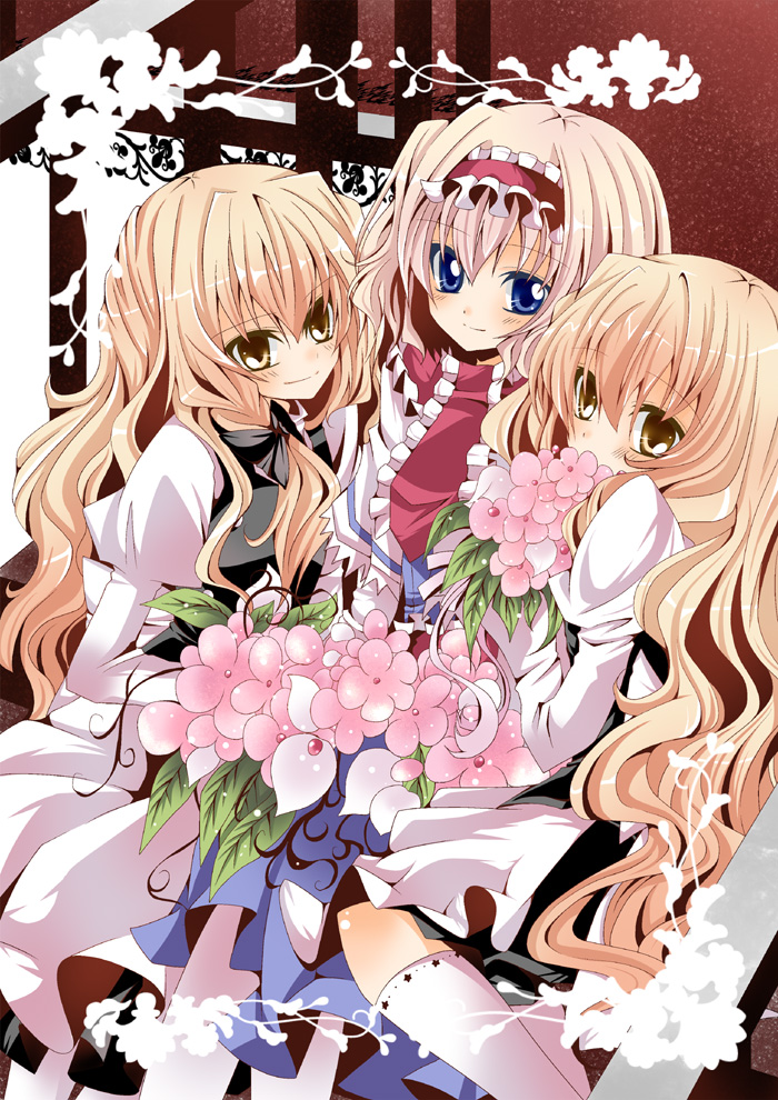 nanase nao, alice margatroid, kirisame marisa, touhou, bad id, bad pixiv id, 3girls, blonde hair, blue eyes, blush, bouquet, bow, braid, clone, dual persona, female focus, flower, hair bow, hairband, hydrangea, long hair, multiple girls, short hair, side braid, smile, yellow eyes