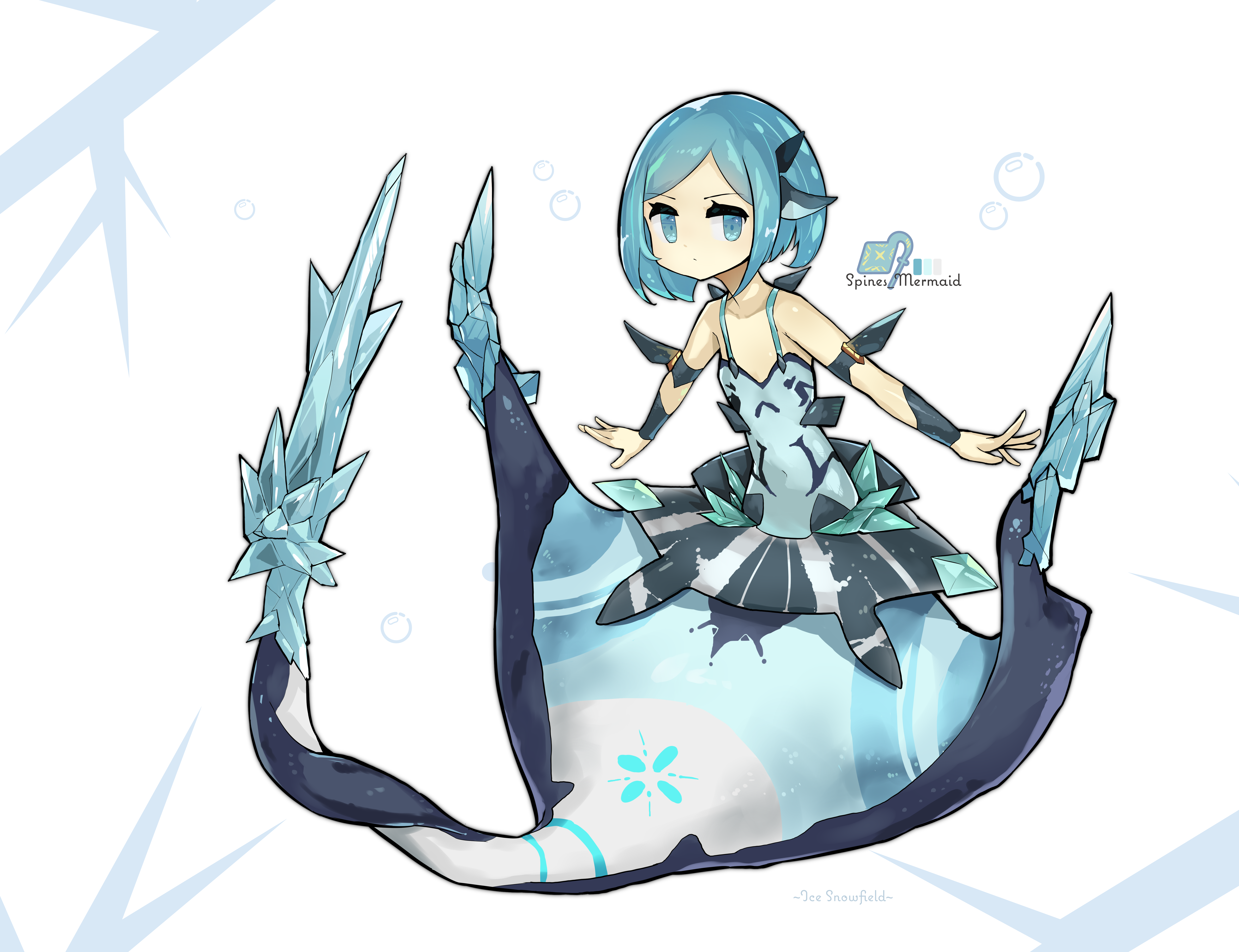shitoi (aqua1487), original, absurdres, commentary request, highres, translation request, 1girl, arm fins, bare shoulders, blue eyes, blush, character name, closed mouth, color guide, covered navel, dot mouth, english text, fins, flat chest, head fins, ice, icicle, kneeless mermaid, logo, long sidelocks, looking at viewer, manta ray, manta ray girl, medium hair, mermaid, monster girl, parted bangs, sidelocks, simple background, skirt, solo, spaghetti strap, tail, wavy mouth, white background, wrist guards