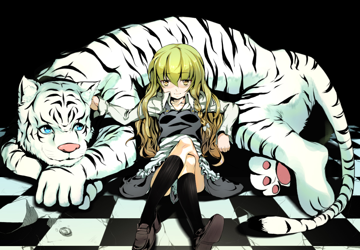minatsuki randoseru, kirisame marisa, touhou, bad id, bad pixiv id, 1girl, blonde hair, braid, crossed legs, female focus, hat, long hair, no headwear, sitting, solo, tiger, white tiger, yellow eyes