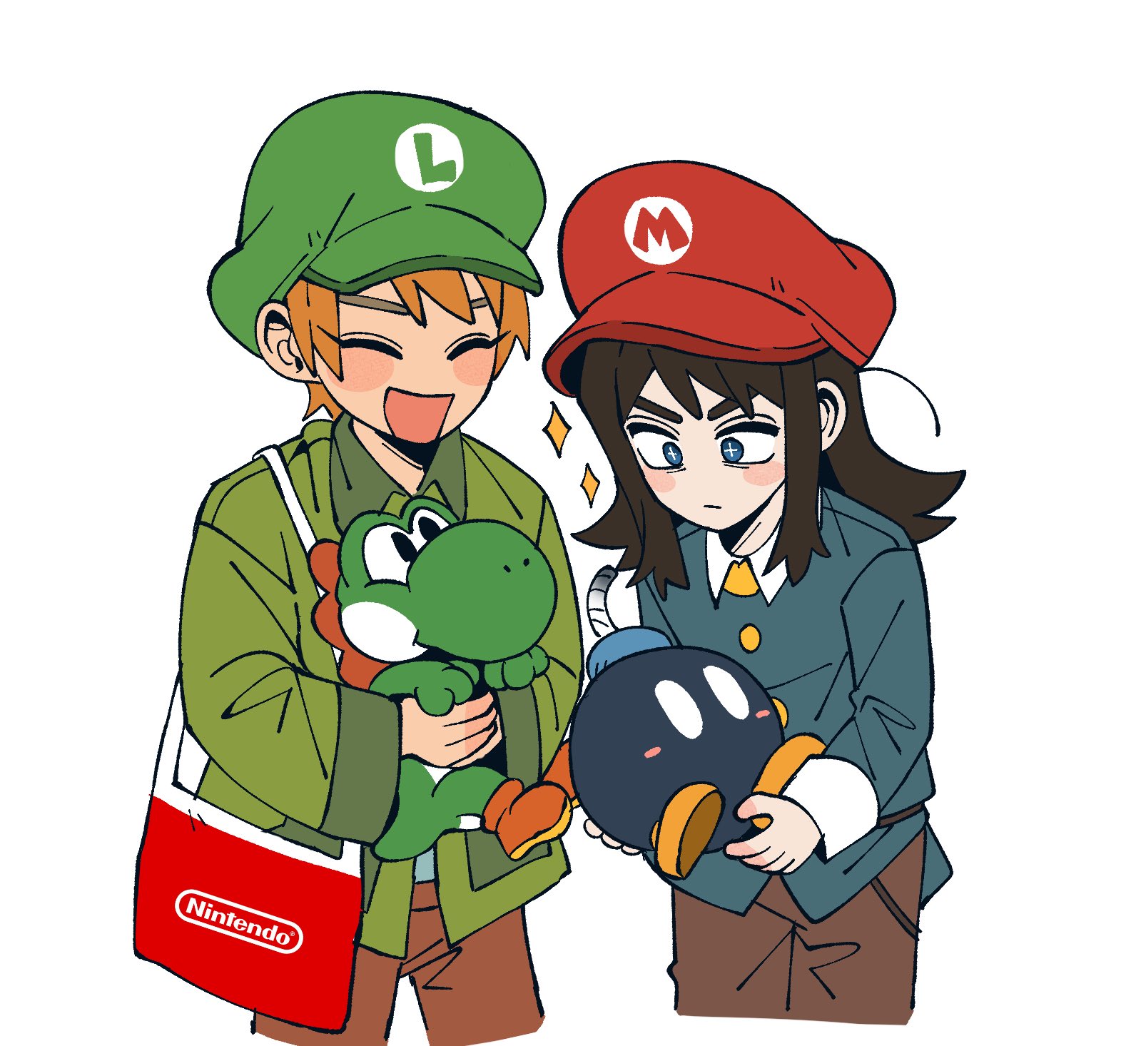 insidej043, abaddon (haunted hotel), bob-omb, esther freeling, yoshi, haunted hotel, mario (series), nintendo, commentary request, highres, korean commentary, 1boy, 1girl, bag, blue coat, blue eyes, brown hair, coat, cowboy shot, creature, cropped legs, green coat, hat, holding, holding creature, long hair, luigi hat, mario hat, newsboy cap, orange hair, short hair, simple background, sparkling eyes, standing, white background