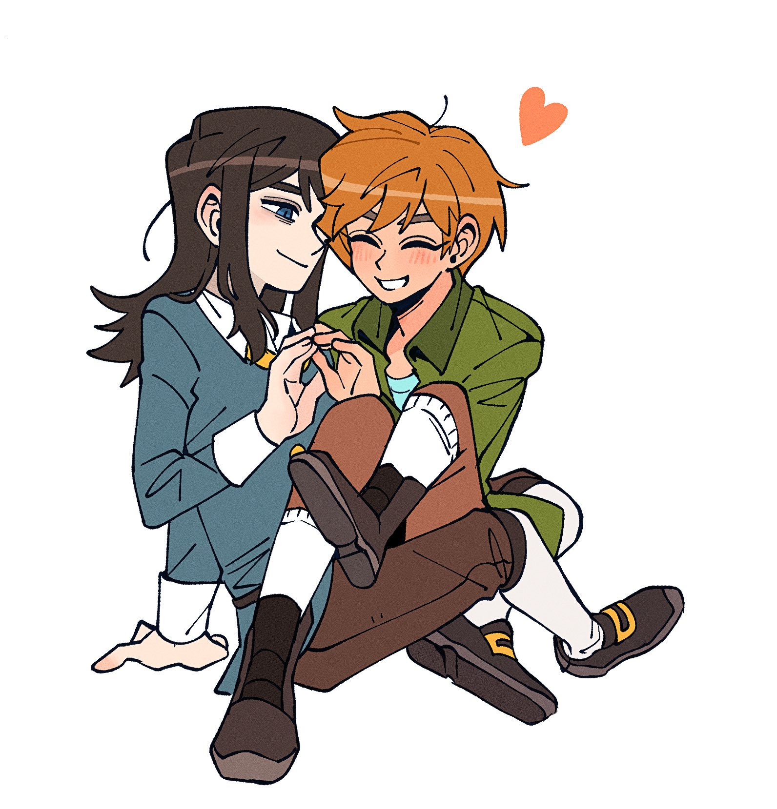 insidej043, abaddon (haunted hotel), esther freeling, haunted hotel, commentary, english commentary, highres, 1boy, 1girl, blue coat, blue eyes, blush, brown hair, coat, green coat, heart, hetero, indian style, looking at another, orange hair, short hair, simple background, sitting, sitting on lap, sitting on person, slit pupils, white background