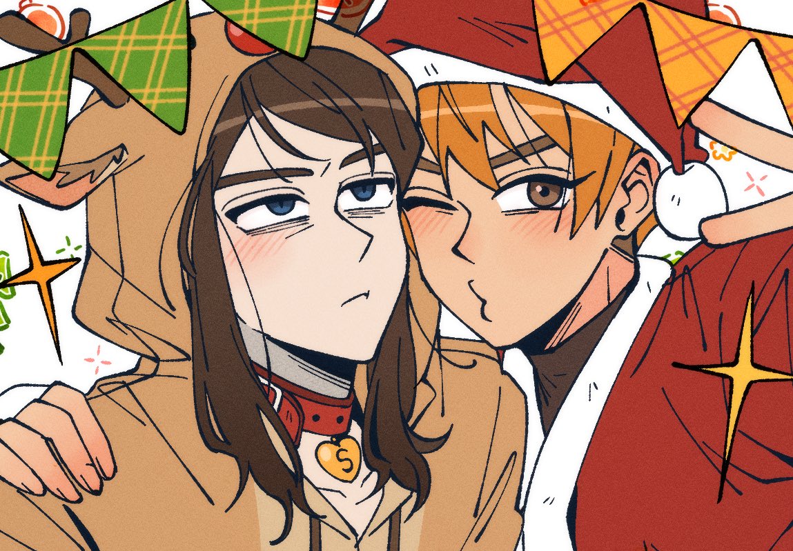 insidej043, abaddon (haunted hotel), esther freeling, haunted hotel, commentary, english commentary, 1boy, 1girl, animal collar, animal costume, arm around shoulder, blue eyes, brown eyes, brown hair, bunting, christmas, collar, cosplay, hat, kigurumi, long hair, one eye closed, orange hair, puckered lips, reindeer costume, santa costume, santa hat, short hair, simple background, slit pupils, undercut, upper body, v, white background