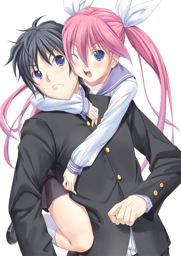 tenkuu nozora, original, 1boy, 1girl, blue eyes, cheek-to-cheek, heads together, one eye closed, pink hair, school uniform, serafuku, twintails, wink