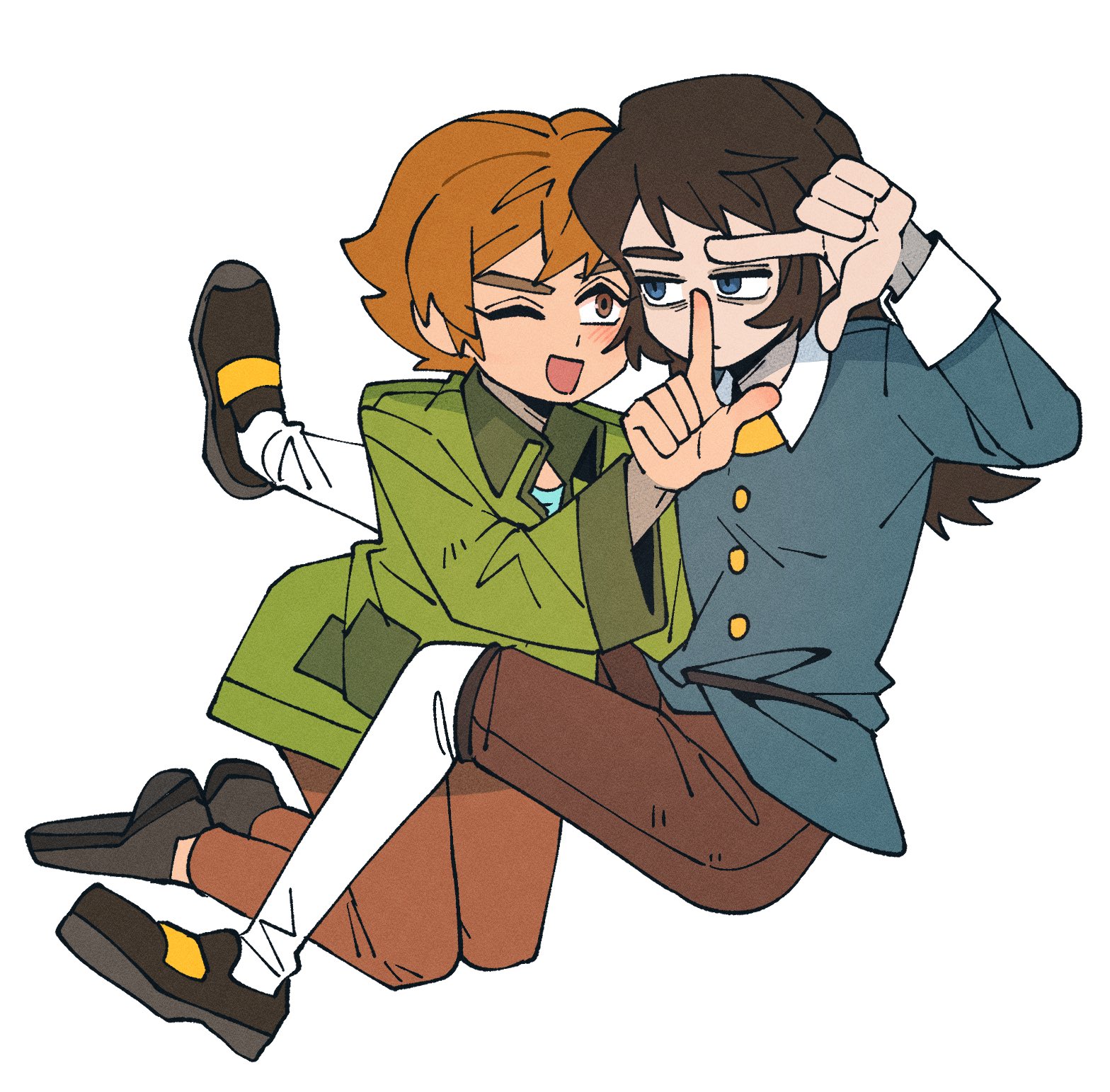 insidej043, abaddon (haunted hotel), esther freeling, haunted hotel, commentary, highres, 1boy, 1girl, blue coat, blue eyes, brown eyes, brown hair, coat, green coat, hand up, index finger raised, kneeling, long hair, looking at another, one eye closed, orange hair, short hair, simple background, white background