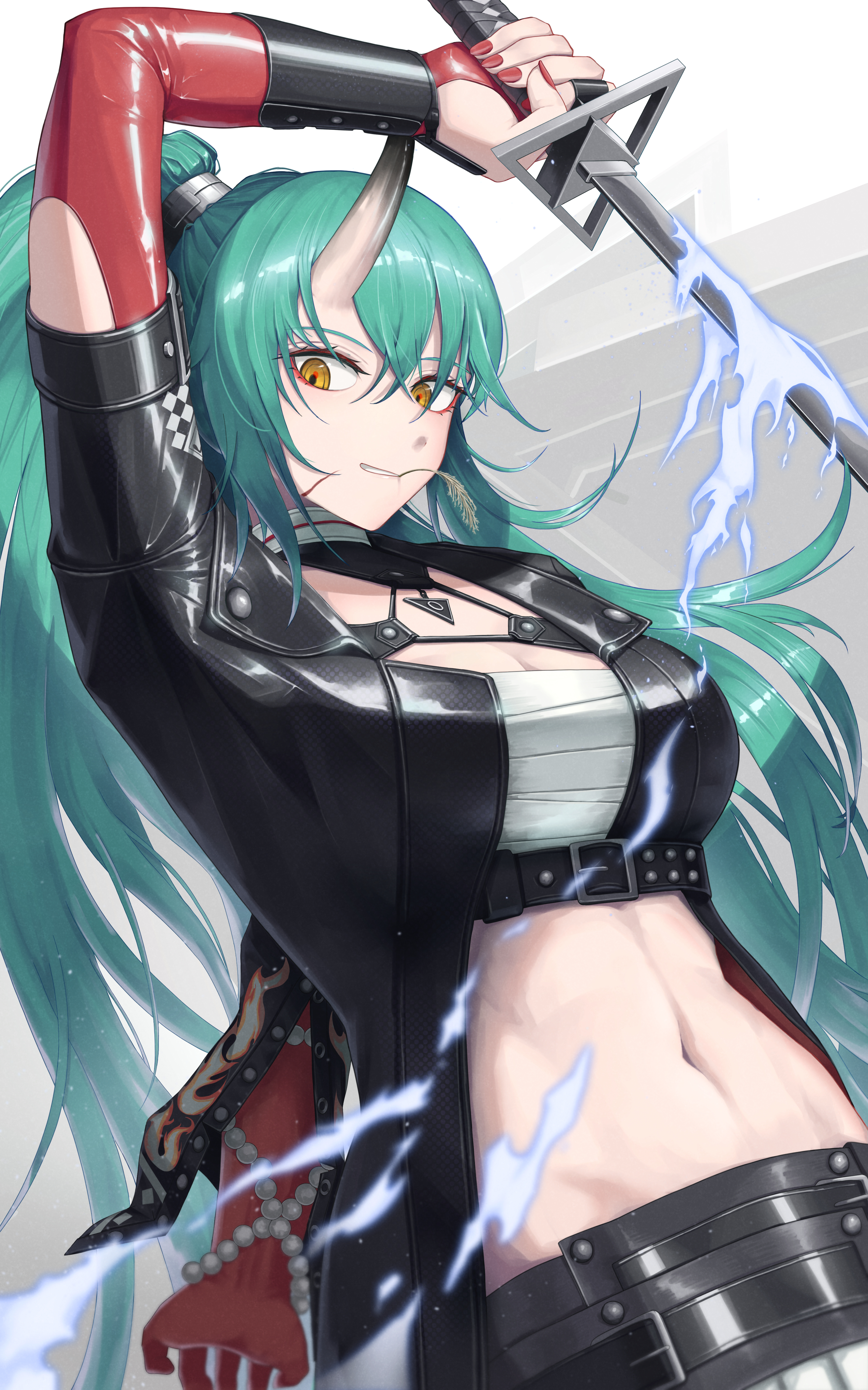 hoshiguma (arknights), hoshiguma the breacher (arknights), arknights, absurdres, commentary, english commentary, highres, 1girl, arm up, belt, belt buckle, black belt, black jacket, breasts, buckle, chest belt, chest sarashi, cleavage, fingernails, green hair, hair between eyes, holding, holding sword, holding weapon, horns, jacket, long hair, magic, medium breasts, midriff, mouth hold, nail polish, navel, open clothes, open jacket, red nails, sarashi, single horn, skin-covered horns, solo, stalk in mouth, sword, tolinaun, weapon, yellow eyes