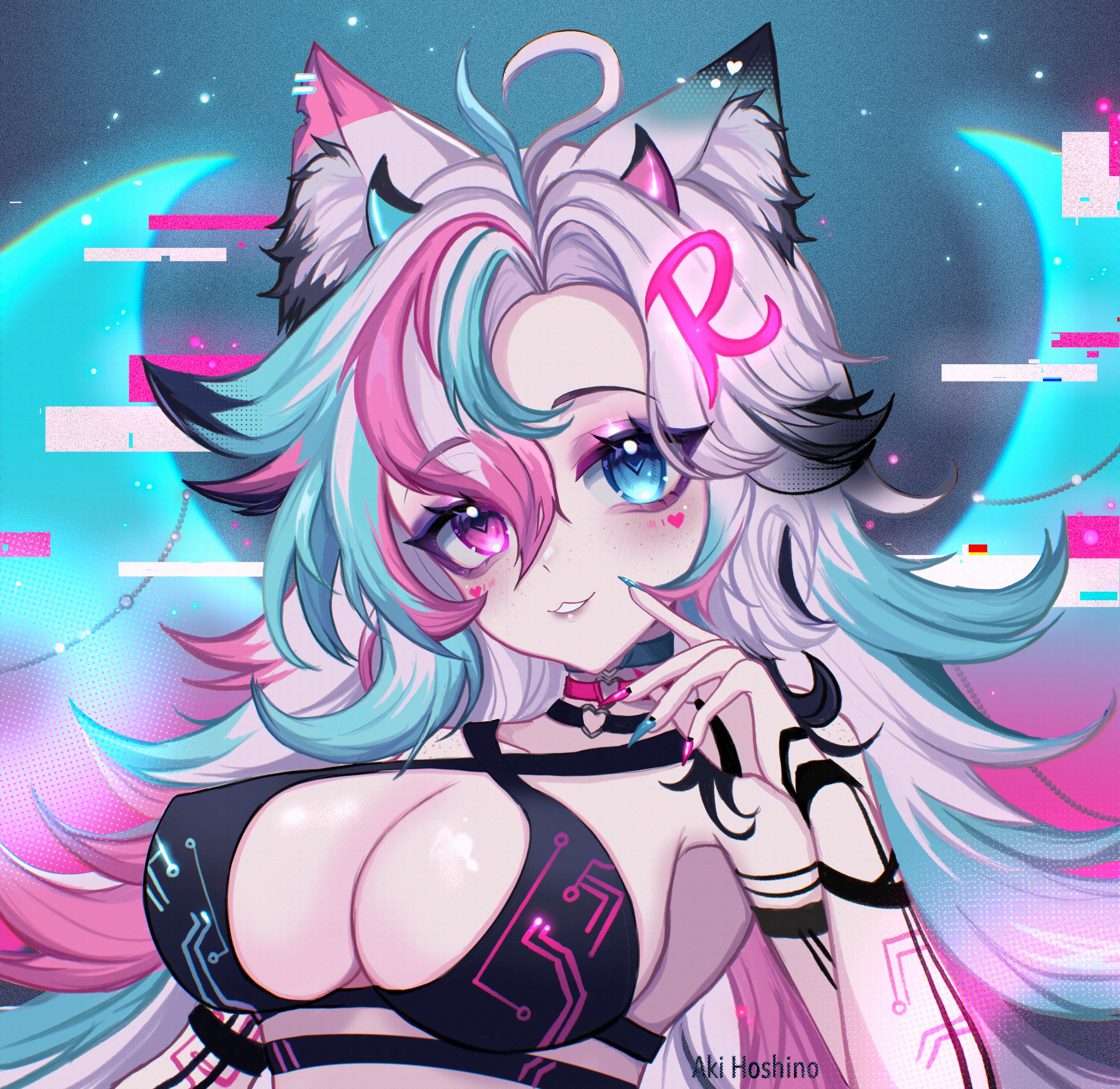 aki hoshino, ravenna nya, indie virtual youtuber, absurdres, commentary, english commentary, highres, 1girl, ahoge, animal ear fluff, animal ears, artist name, black choker, blue choker, blue eyes, blue hair, blue nails, breasts, choker, cleavage, facial mark, hair between eyes, hair ornament, heart, heart facial mark, heart o-ring, letter hair ornament, multicolored hair, multicolored nails, o-ring, o-ring choker, parted lips, pink choker, pink eyes, pink hair, pink nails, solo, streaked hair, two-tone nails, upper body, virtual youtuber, white hair