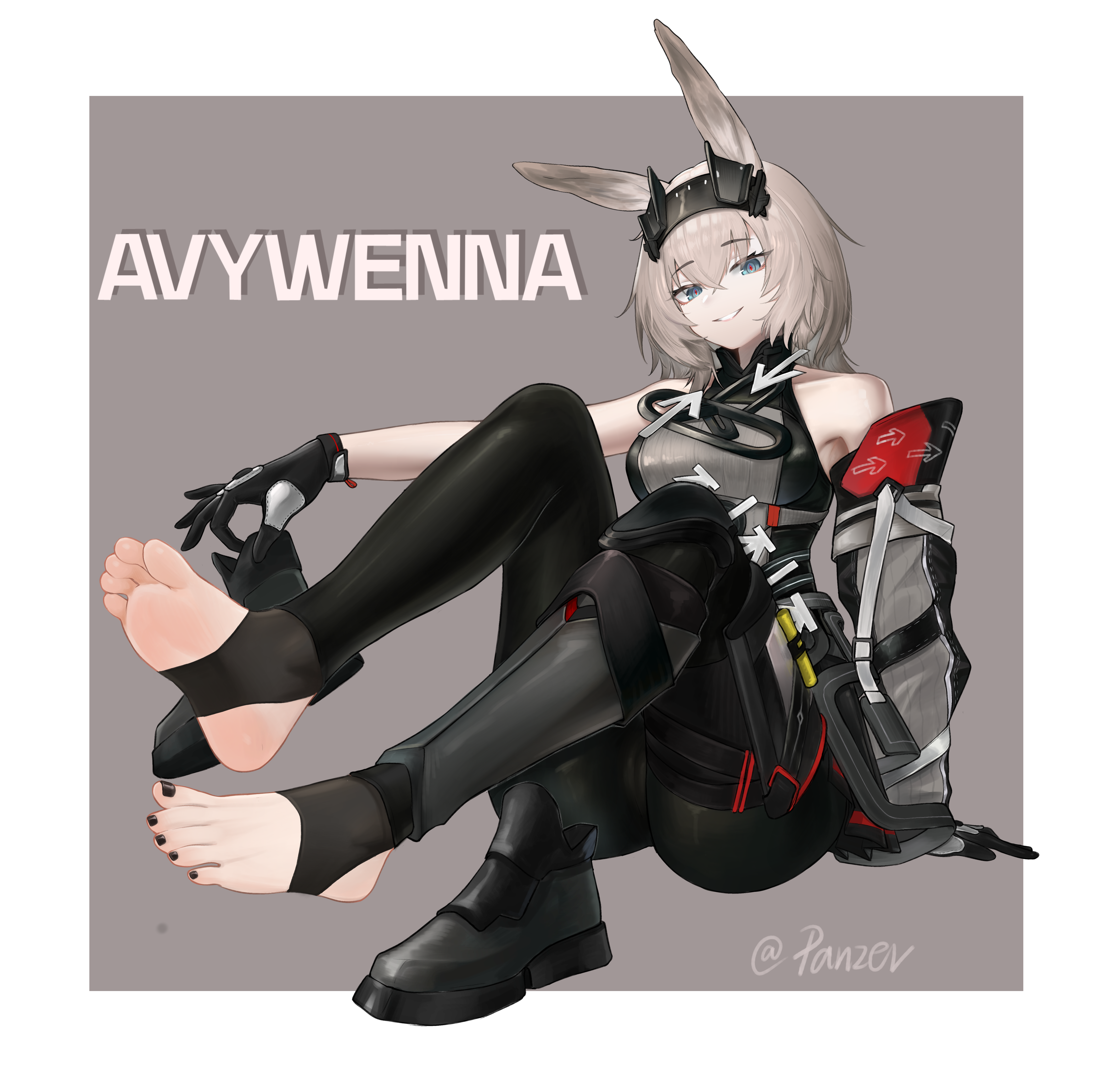 panzi panzer, avywenna (arknights), arknights, arknights: endfield, holding footwear, absurdres, chinese commentary, commentary request, highres, 1girl, animal ears, bare shoulders, black gloves, black hairband, black nails, black pants, blue eyes, boots, cameltoe, crossed bangs, detached sleeves, gloves, grey hair, grey shirt, hair between eyes, hairband, holding, holding boots, holding unworn clothes, looking at viewer, nail polish, pants, parted lips, rabbit ears, rabbit girl, shirt, short hair, single bare arm, single detached sleeve, smile, solo, stirrup footwear, toenail polish, toenails, unworn boots