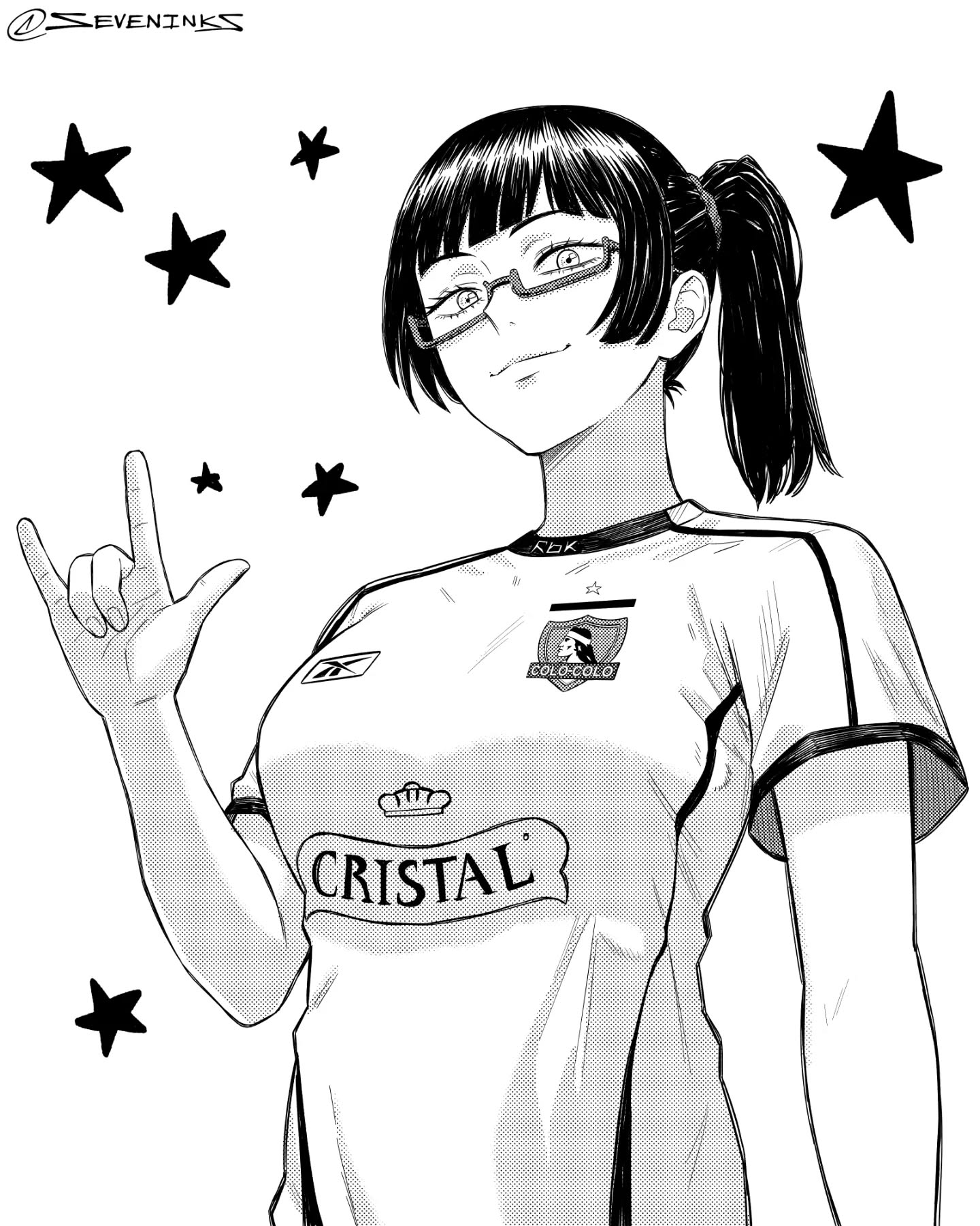 seveninks, zen'in maki, jujutsu kaisen, new balance, commentary request, highres, 1girl, m/, breasts, cerveza cristal, colo colo, from below, glasses, instagram username, large breasts, ponytail, semi-rimless eyewear, shirt, smile, soccer uniform, solo, spanish commentary, sportswear, star (symbol), t-shirt, under-rim eyewear, upper body