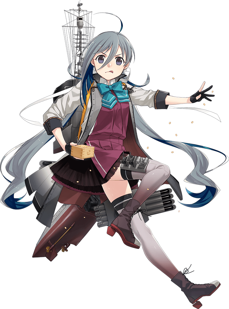 fujikawa, kiyoshimo (kancolle), kiyoshimo kai ni (kancolle), kantai collection, bad link, official art, >:), 1girl, ahoge, beans, bow, bowtie, full body, grey eyes, grey hair, hair between eyes, hair ribbon, long hair, long sleeves, looking at viewer, low twintails, mamemaki, masu, outstretched arm, ribbon, rigging, school uniform, setsubun, solo, tongue, tongue out, transparent background, twintails, v-shaped eyebrows, very long hair
