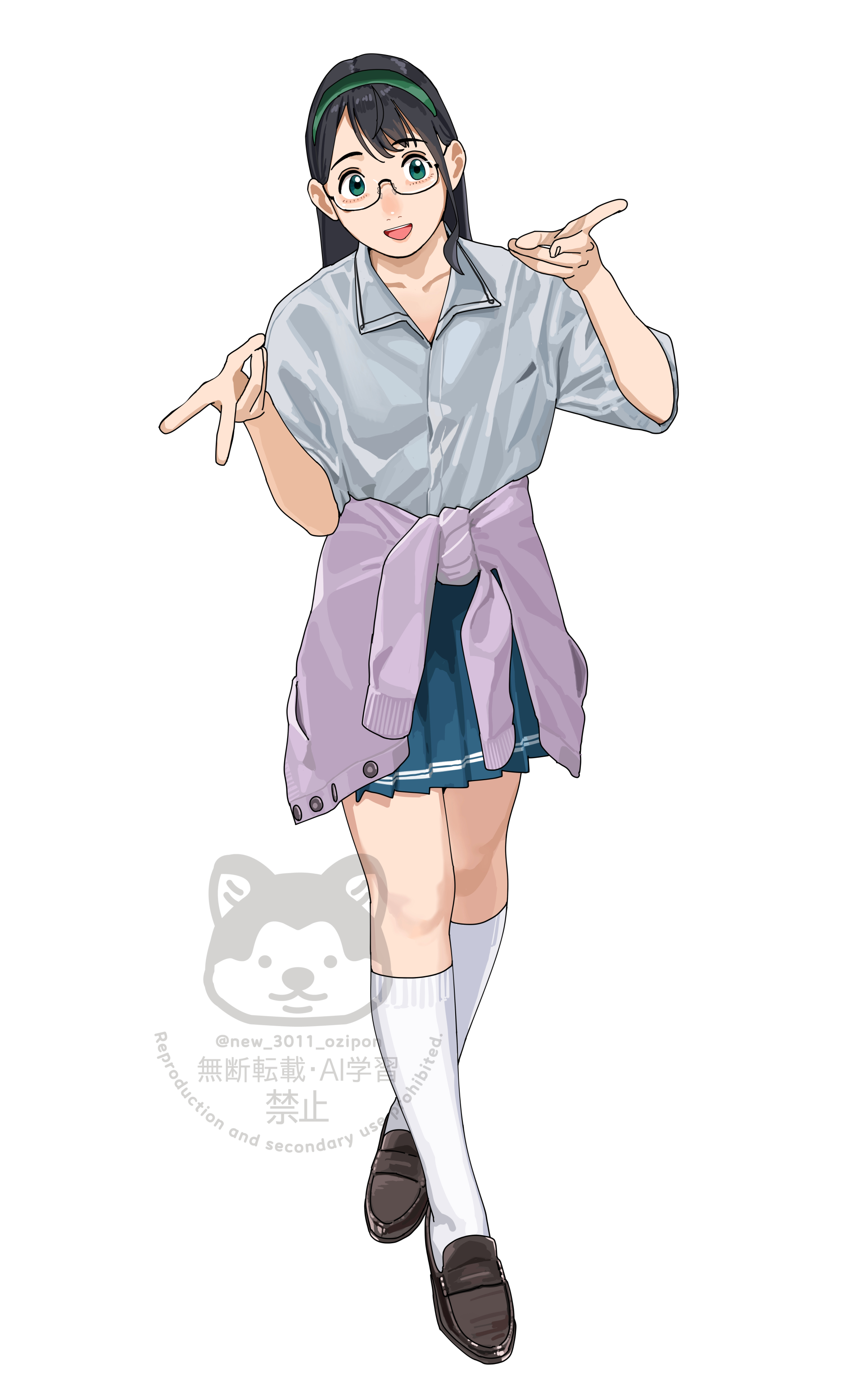 ojipon, ooyodo (kancolle), kantai collection, absurdres, highres, 1girl, alternate costume, black hair, black shoes, blue skirt, cardigan, cardigan around waist, clothes around waist, collared shirt, full body, glasses, green eyes, grey cardigan, grey shirt, gyaru v, loafers, long hair, pleated skirt, shirt, shoes, skirt, socks, solo, v, white socks