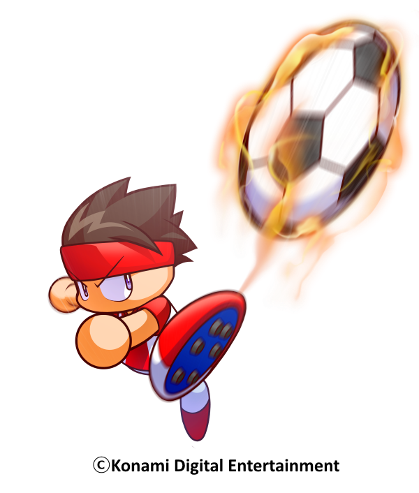 power soccer kun, jikkyou powerful pro yakyuu, jikkyou powerful soccer, artist request, official art, 1boy, ball, brown hair, copyright notice, fire, hairband, jikkyou powerful pro yakyuu (style), kicking, multicolored shirt, multicolored shoes, no mouth, purple eyes, rayman limbs, red hairband, red shirt, red shoes, shirt, shoe soles, shoes, short sleeves, soccer ball, soccer uniform, solo, sportswear, two-tone shirt, white shirt, white shoes