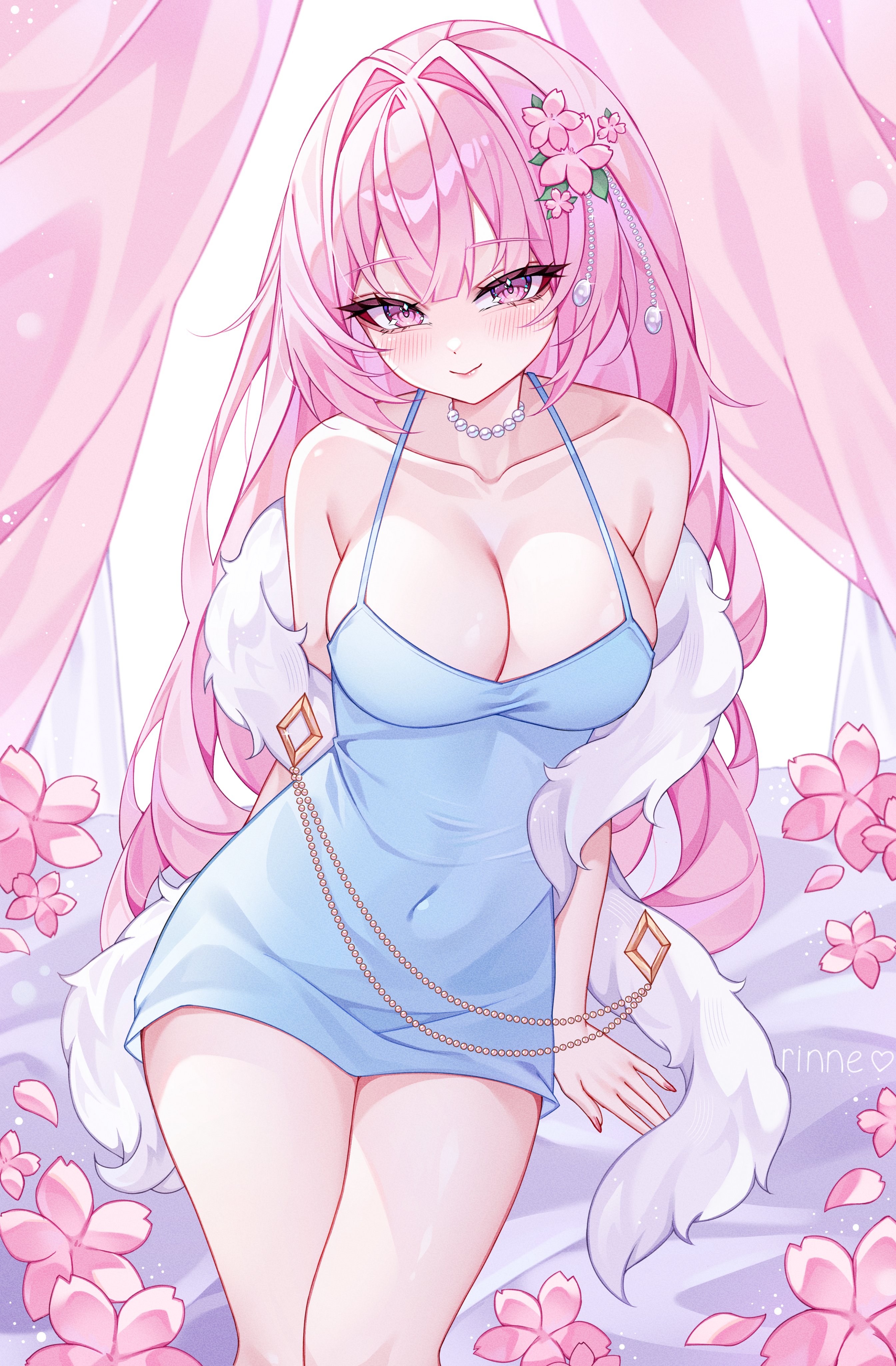 rinne (rinne oi), original, absurdres, commentary, commission, english commentary, highres, 1girl, artist name, blue dress, blush, breasts, cleavage, closed mouth, collarbone, covered navel, dress, feather boa, flower, hair flower, hair ornament, jewelry, long hair, necklace, pearl necklace, pink eyes, pink flower, pink hair, smile, solo