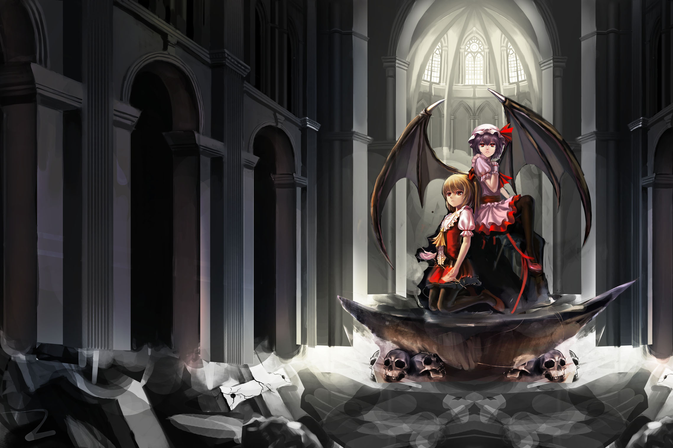 klamp, flandre scarlet, remilia scarlet, touhou, highres, 2girls, bat wings, blonde hair, brown eyes, female focus, hat, kneeling, multiple girls, purple hair, red eyes, siblings, side ponytail, sisters, sitting, skull, wings