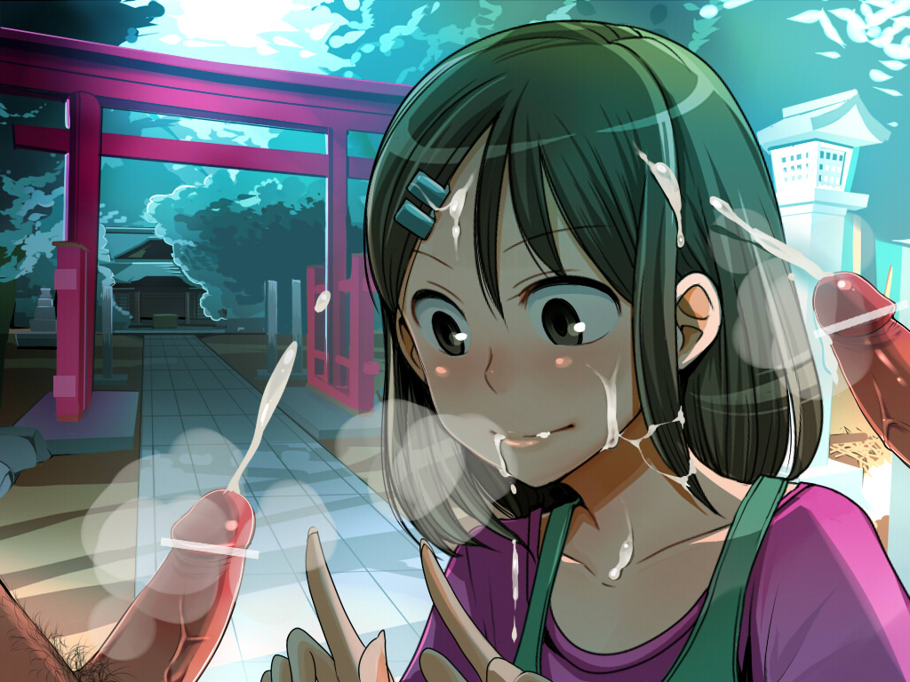 nakasone haiji, original, bad id, bad pixiv id, 1girl, bar censor, black eyes, black hair, breath, bukkake, censored, clothed female nude male, cum, cum in mouth, cum on body, cum on clothes, cum on hair, ejaculation, facial, group sex, hair ornament, hairclip, handsfree ejaculation, hetero, mmf threesome, nude, penis, short hair, shrine, solo focus, threesome, torii, transparent censoring