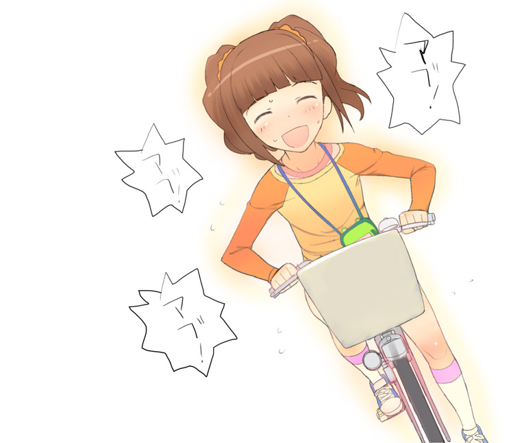 a1 (initial-g), takatsuki yayoi, idolmaster, idolmaster (classic), 1girl, :d, ^ ^, bicycle, blunt bangs, brown hair, closed eyes, facing viewer, female focus, kneehighs, lanyard, long sleeves, open mouth, orange hair, raglan sleeves, riding, smile, socks, solo, twintails, white background, white socks