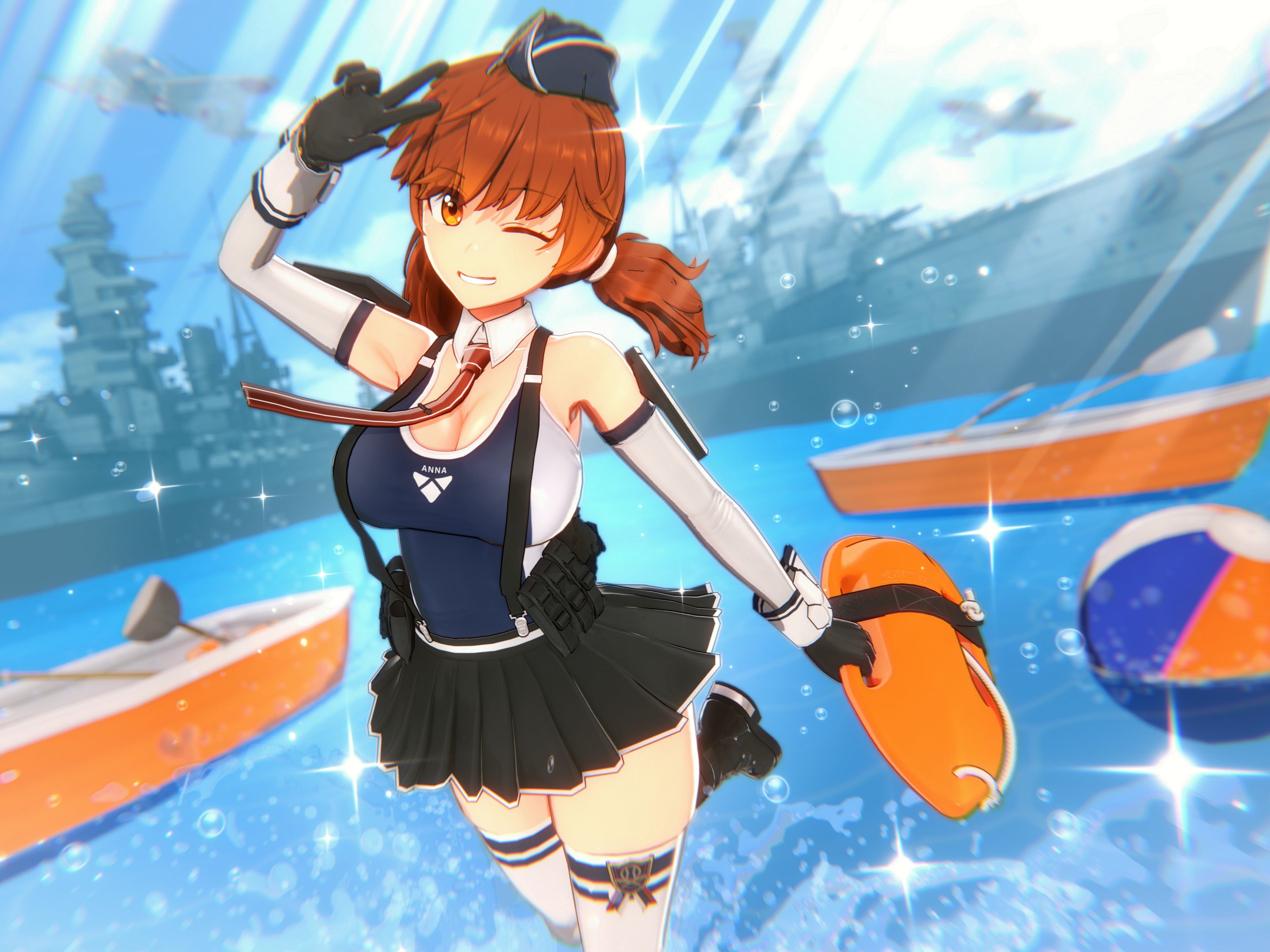 anna anon, original, commentary, english commentary, highres, 1girl, anna skyler (anna anon), arm up, ball, bare shoulders, beachball, black gloves, black skirt, breasts, brown eyes, brown hair, cleavage, collar, detached collar, eyes visible through hair, gloves, grin, hat, large breasts, looking at viewer, mini hat, miniskirt, necktie, one-piece swimsuit, one eye closed, pleated skirt, ship, skirt, smile, solo, standing, swimsuit, thighhighs, twintails, two-tone one-piece swimsuit, water, watercraft, white collar, white thighhighs, zettai ryouiki