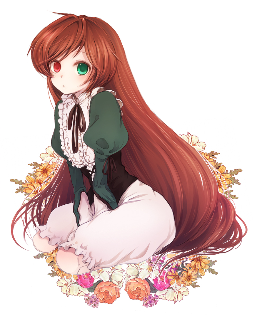 tsukuru (seki sabato), suiseiseki, rozen maiden, 00s, 1girl, brown hair, dress, female focus, flower, heterochromia, long hair, sitting, solo, very long hair