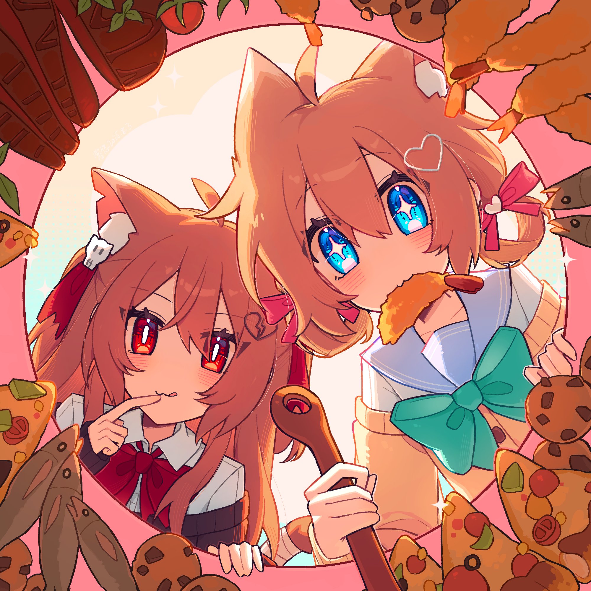 lingyou, evil neuro-sama, neuro-sama, vedal ai, commentary, food request, highres, symbol-only commentary, + +, 2girls, :3, :p, ahoge, animal ear fluff, animal ears, aqua bow, aqua bowtie, backlighting, black cardigan, blue eyes, blue sailor collar, bow, bowtie, broken heart, broken heart hair ornament, brown hair, cardigan, cat ears, cat girl, cat tail, cherry tomato, chocolate chip cookie, collared shirt, cookie, finger to mouth, food, food in mouth, from below, hair between eyes, hair ornament, hair ribbon, hair rings, heart, heart hair ornament, holding, holding spoon, long hair, long sleeves, multiple girls, off-shoulder cardigan, official alternate hairstyle, pizza, pizza slice, red bow, red bowtie, red eyes, red ribbon, ribbon, sailor collar, sardine, shirt, shrimp, shrimp tempura, siblings, sisters, skull hair ornament, sparkle, spoon, tail, tempura, tomato, tongue, tongue out, torn hair ribbon, twins, two side up, virtual youtuber, white shirt, wide-eyed, yellow cardigan
