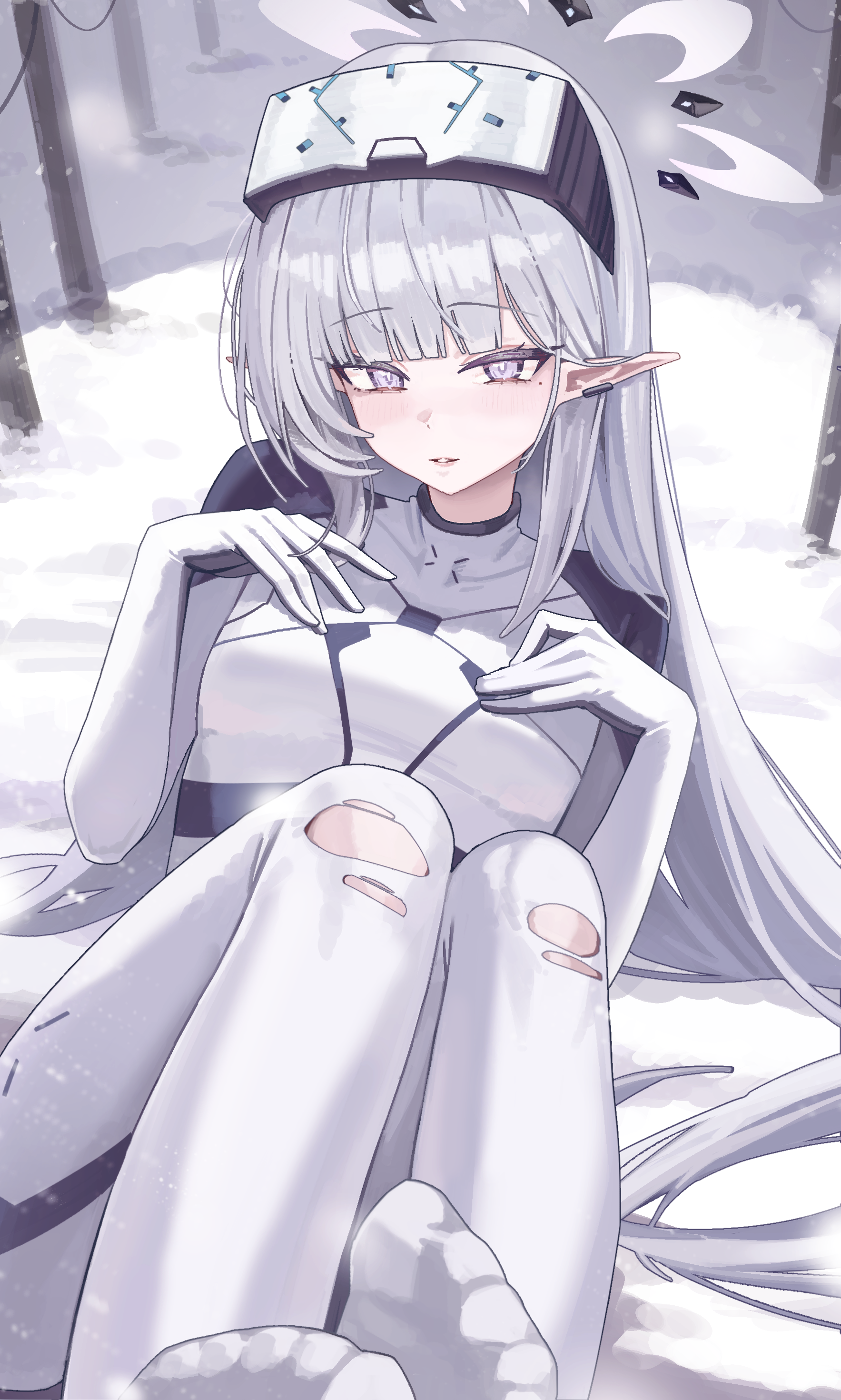 jun daniell, himari (armed) (blue archive), himari (blue archive), blue archive, absurdres, commentary request, highres, 1girl, bodysuit, breasts, elf, halo, head-mounted display, long hair, looking at viewer, mole, mole under eye, multicolored halo, official alternate costume, outdoors, parted lips, pink hair, pointy ears, skin tight, small breasts, snow, solo, toes, torn bodysuit, torn clothes, two-tone halo, very long hair, white bodysuit, white eyes, white hair