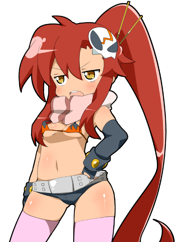 meiro (yuu), yoko littner, tengen toppa gurren lagann, bad id, bad pixiv id, 00s, 1girl, belt, bikini, bikini top only, blush, bra, bracelet, breasts, chibi, female focus, gloves, lingerie, ponytail, red hair, scarf, shorts, simple background, solo, studded bracelet, swimsuit, thighhighs, underwear, white background, wince, yellow eyes