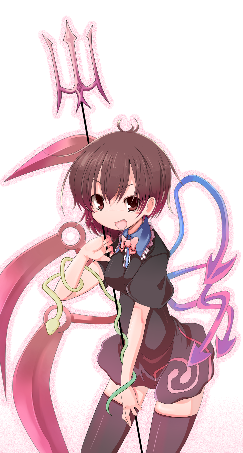 maiku, houjuu nue, touhou, highres, 1girl, asymmetrical wings, black hair, black thighhighs, female focus, gradient background, polearm, red eyes, short hair, snake, solo, spear, thighhighs, trident, weapon, white background, wings, zettai ryouiki