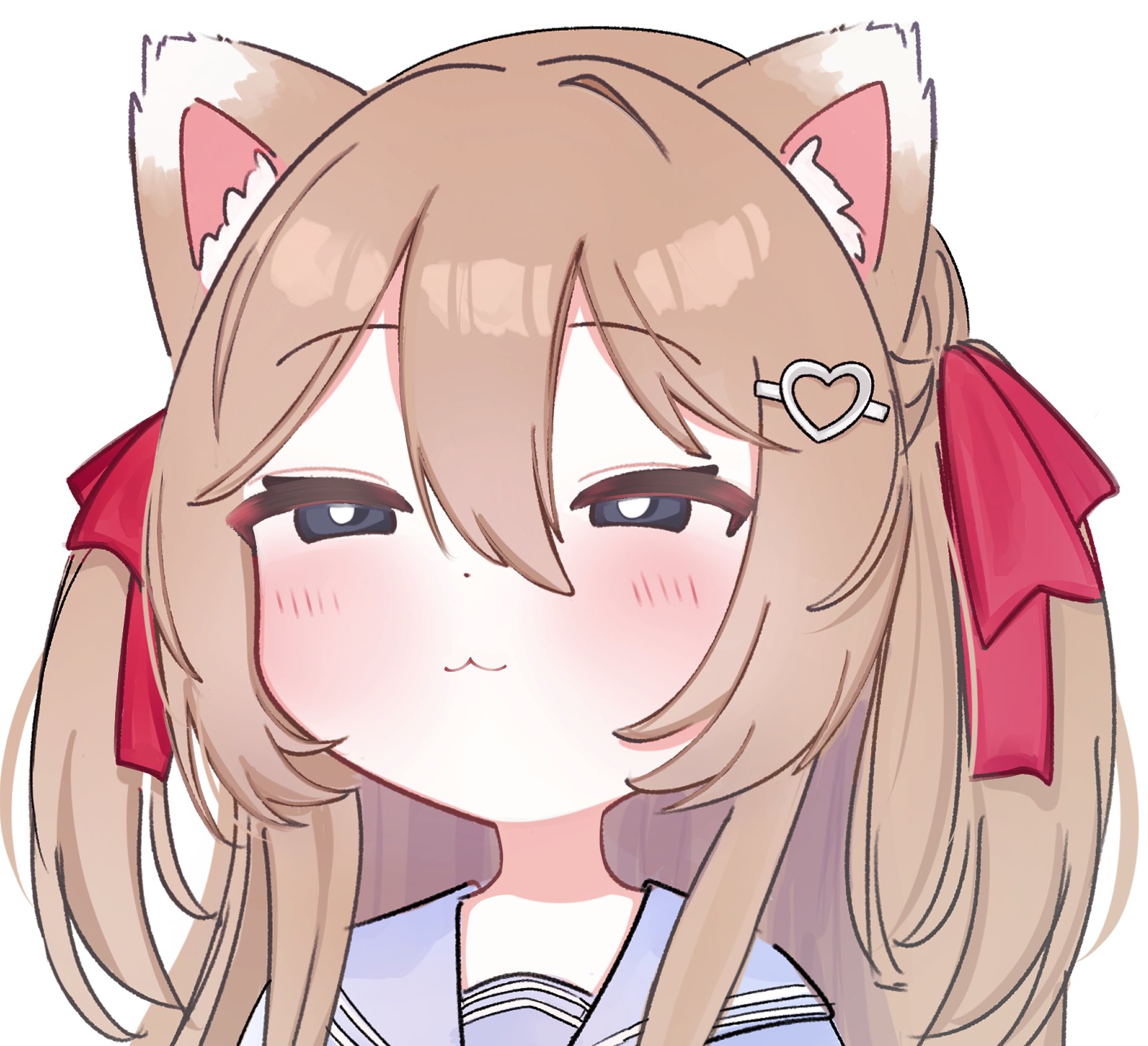 neuro-sama, vedal ai, commentary, english commentary, highres, 1girl, :3, animal ear fluff, animal ears, blue eyes, blue sailor collar, blush, brown hair, cat ears, cat girl, closed mouth, double-parted bangs, hair between eyes, hair ornament, hair ribbon, half-closed eyes, hanazawahina, heart, heart hair ornament, long hair, looking at viewer, meme, portrait, raised eyebrows, red ribbon, ribbon, sailor collar, signature look of superiority (meme), simple background, single hair intake, smug, solo, two side up, virtual youtuber, white background