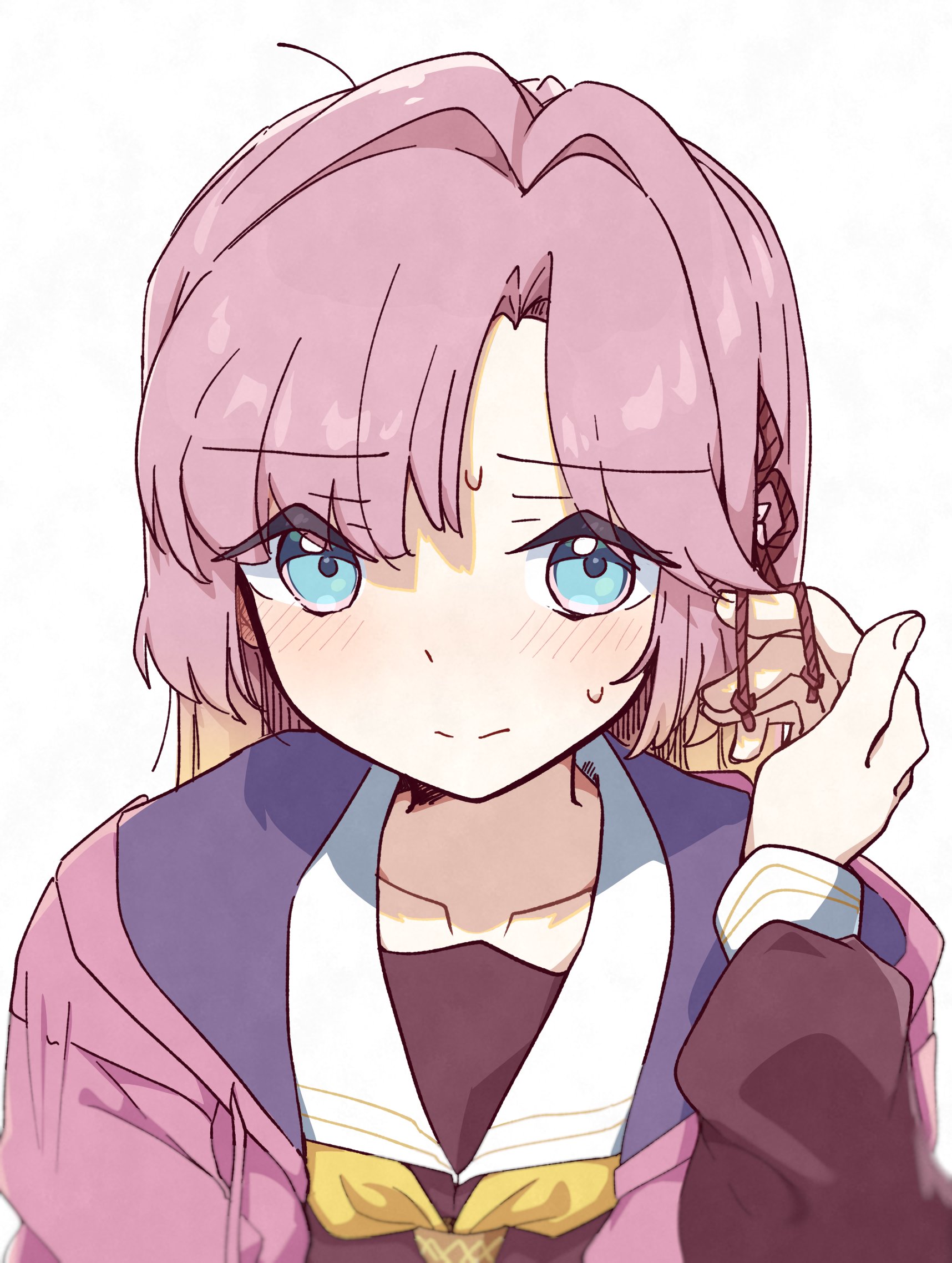 sio pasta, anyoji hime, link! like! love live!, love live!, commentary request, highres, 2girls, blonde hair, blue eyes, blush, borrowed accessory, closed mouth, collarbone, flower knot, gradient hair, hair intakes, hasu no sora school uniform, long sleeves, looking at viewer, multicolored hair, multiple girls, neckerchief, pink hair, pov, pov hands, sailor collar, school uniform, sidelocks, smile, split mouth, sweatdrop, upper body, white background, white sailor collar, yellow neckerchief