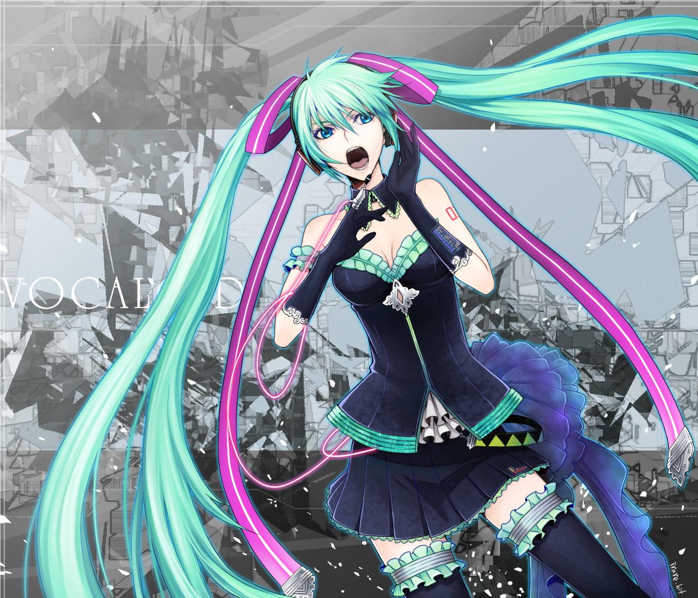 chimachi, hatsune miku, vocaloid, has bad revision, highres, md5 mismatch, resolution mismatch, source larger, 1girl, aqua eyes, aqua hair, arm garter, female focus, gloves, hair ribbon, headset, long hair, ribbon, skirt, solo, thighhighs, twintails, very long hair, zettai ryouiki