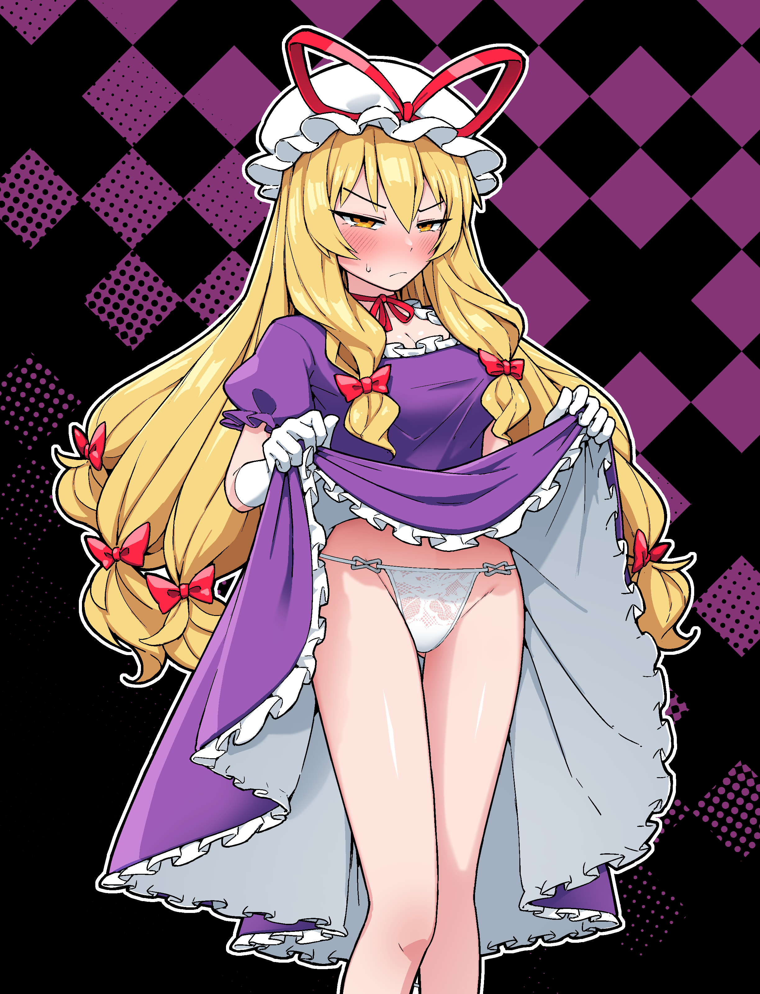 solidus (sword cube), yakumo yukari, touhou, absurdres, commentary request, commission, highres, skeb commission, 1girl, blonde hair, blush, bow, breasts, checkered background, cleavage, closed mouth, clothes lift, dress, dress lift, feet out of frame, gloves, hair bow, hat, hat ribbon, large breasts, lifting own clothes, long hair, looking at viewer, mob cap, multiple hair bows, panties, puffy short sleeves, puffy sleeves, purple dress, red bow, ribbon, short sleeves, solo, sweatdrop, underwear, very long hair, white gloves, white panties, yellow eyes
