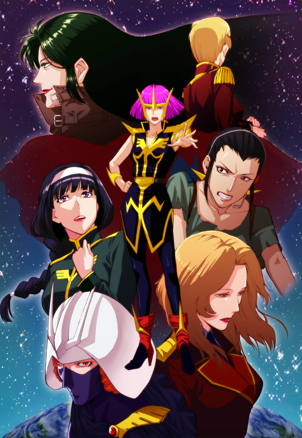 edo tatsuki, cecilia irene, cima garahau, haman karn, kergerenko, kerguelenko, kycilia zabi, nanai miguel, topp, char's counterattack, gundam, gundam 0083, gundam 08th ms team, gundam zz, mobile suit gundam, bad id, bad pixiv id, highres, 1990s (style), 6+girls, braid, earth (planet), green hair, grimace, hairband, headset, in-franchise crossover, lipstick, makeup, military, military uniform, multiple girls, neo zeon, open mouth, orange hair, pantyhose, pink hair, planet, red hair, retro artstyle, short hair, single braid, space, zeon