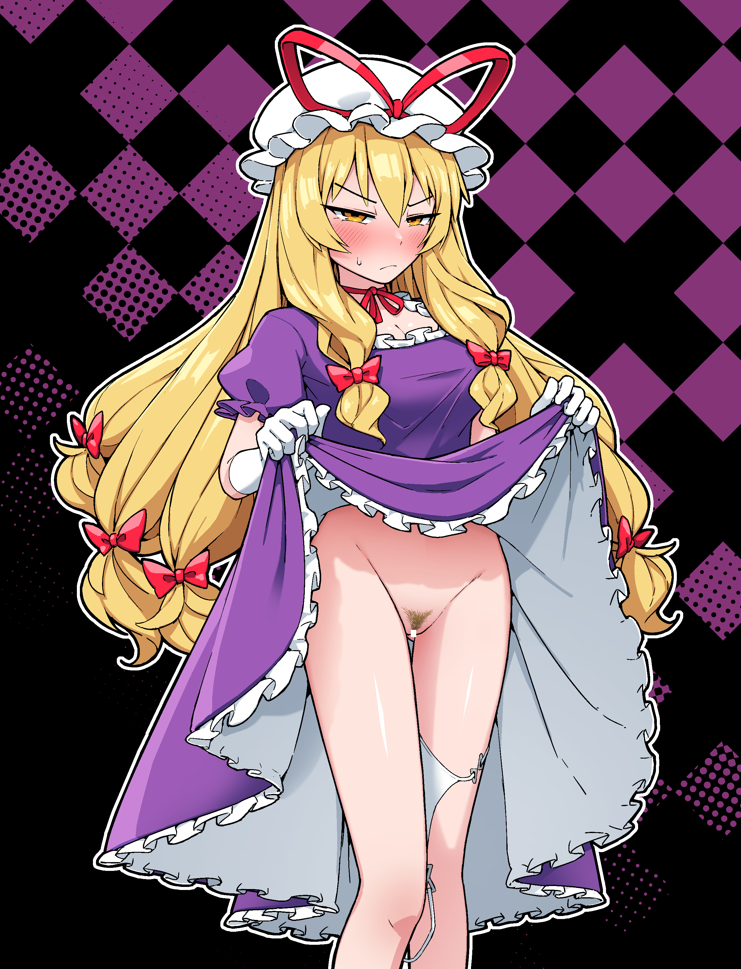 solidus (sword cube), yakumo yukari, touhou, absurdres, commentary request, commission, highres, skeb commission, 1girl, bar censor, blonde hair, blush, bow, breasts, censored, checkered background, cleavage, closed mouth, clothes lift, dress, dress lift, feet out of frame, female pubic hair, gloves, hair bow, hat, hat ribbon, large breasts, lifting own clothes, long hair, looking at viewer, mob cap, multiple hair bows, panties, panties around leg, pubic hair, puffy short sleeves, puffy sleeves, purple dress, red bow, ribbon, short sleeves, solo, sweatdrop, underwear, very long hair, white gloves, white panties, yellow eyes
