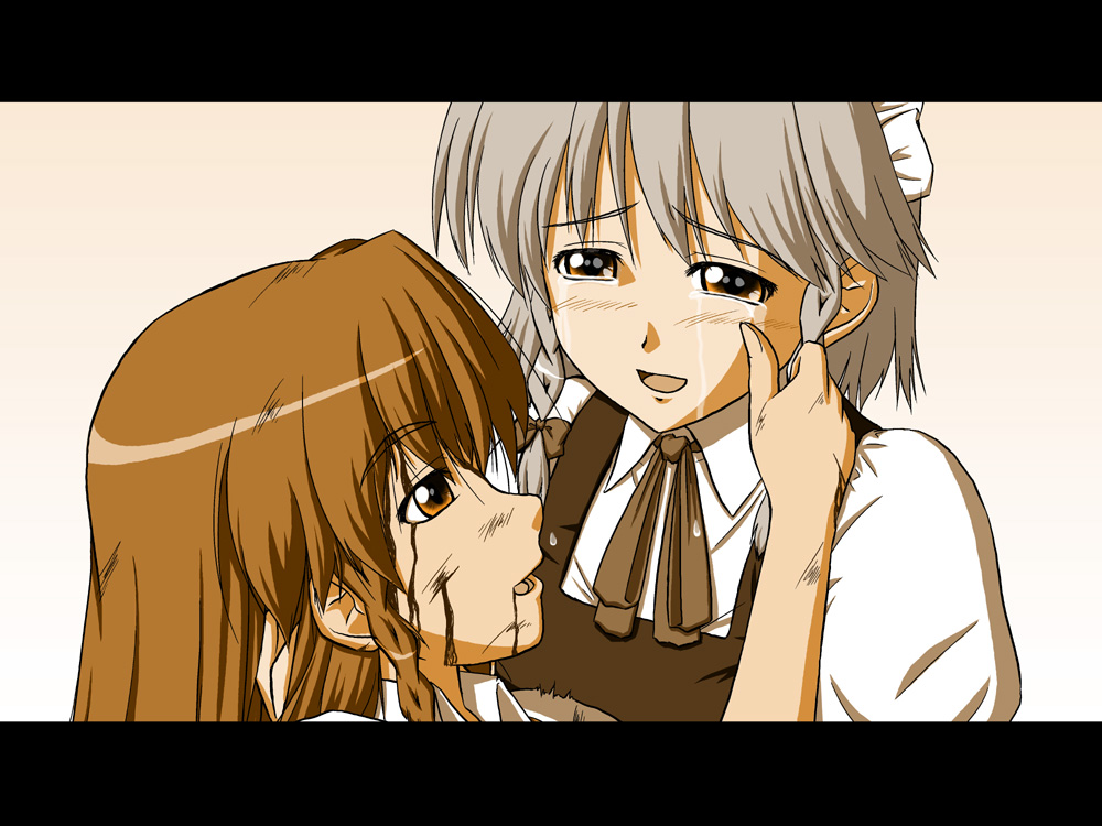 fujishiro shinobu, hong meiling, izayoi sakuya, embodiment of scarlet devil, touhou, bad id, bad pixiv id, 2girls, blood, braid, cuts, female focus, holding, injury, letterboxed, long hair, multiple girls, no headwear, sepia, short hair, tears, twin braids, wiping tears