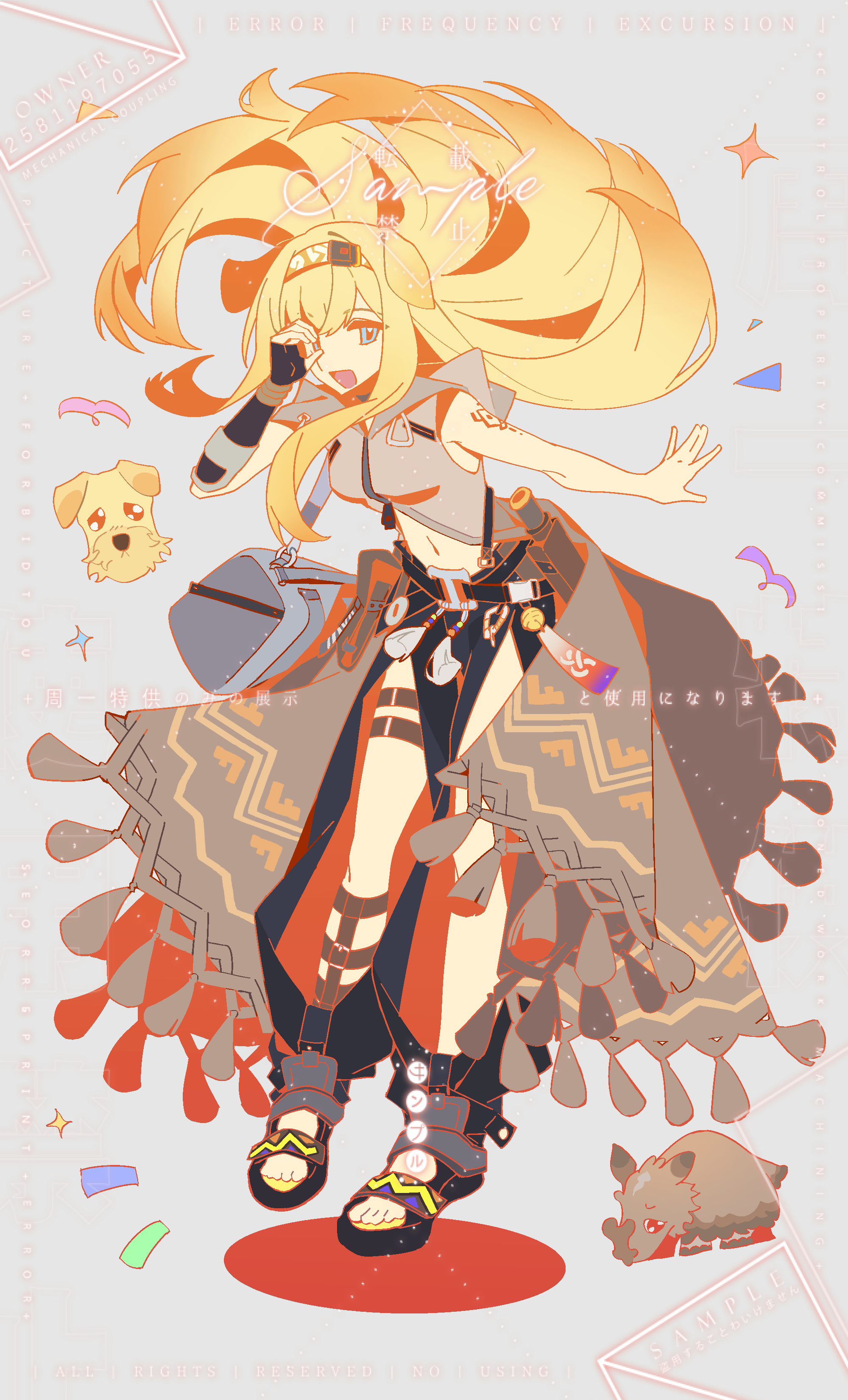 brigid (arknights), arknights, absurdres, chinese commentary, commentary request, commission, highres, 1girl, animal, animal ears, bare shoulders, black pants, blonde hair, blue eyes, breasts, brown jacket, bu luori, clothing cutout, dog, dog ears, dog girl, floating hair, full body, grey background, grey bag, hair floating upwards, hairband, hand over eye, hand up, hood, hood down, jacket, leg cutout, long hair, looking at viewer, medium breasts, midriff, open mouth, pants, sample watermark, sandals, smile, solo, tassel, tattoo, watermark