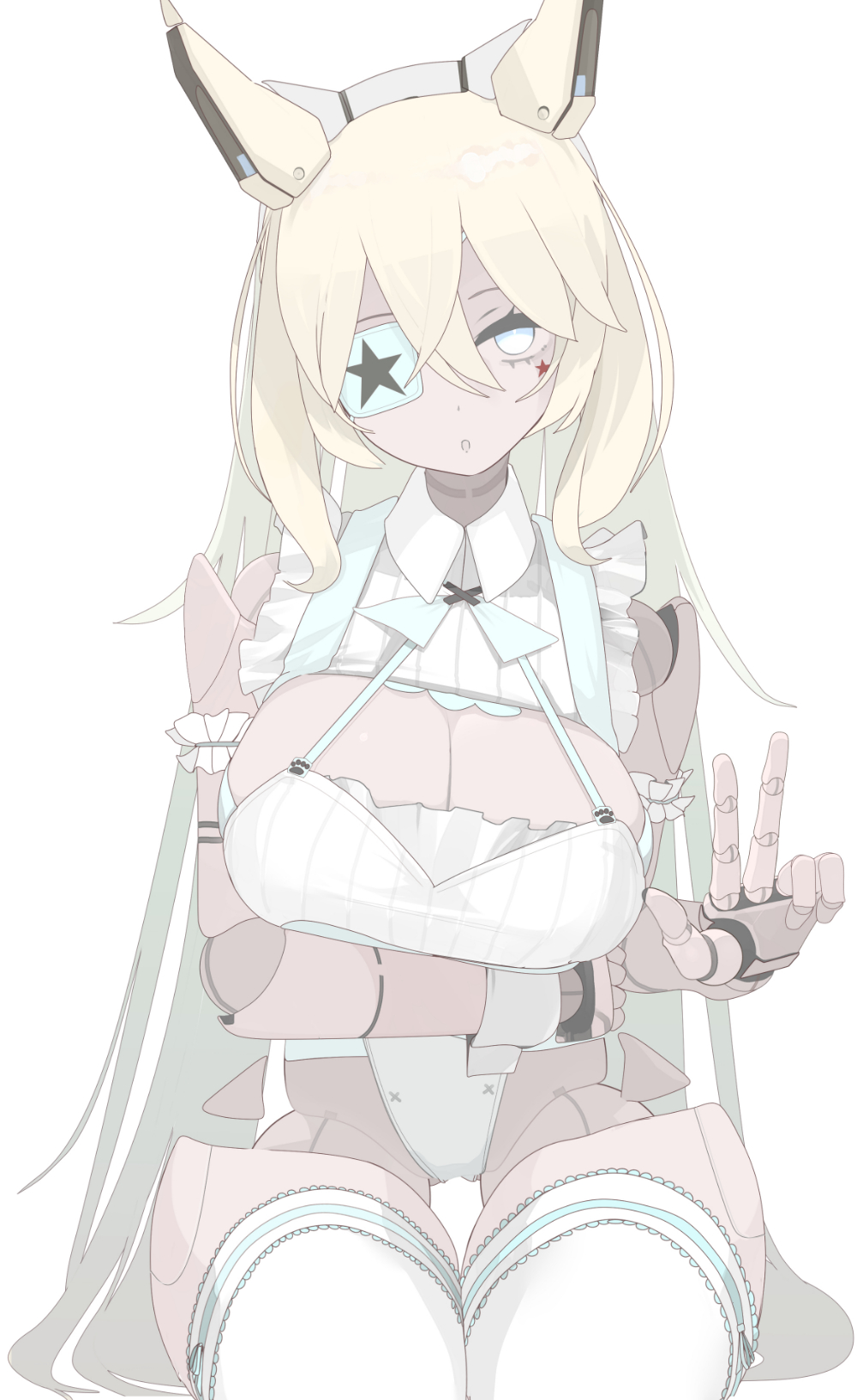 nanatsuki sousuke, original, commentary request, commission, highres, skeb commission, 1girl, animal ears, arm under breasts, blonde hair, blue eyes, breasts, cleavage, cowboy shot, dark-skinned female, dark skin, eyepatch, hair between eyes, hand up, horse ears, horse girl, humanoid robot, large breasts, leotard, long hair, parted lips, robot, simple background, solo, star (symbol), thighhighs, very long hair, w, white background, white leotard, white thighhighs