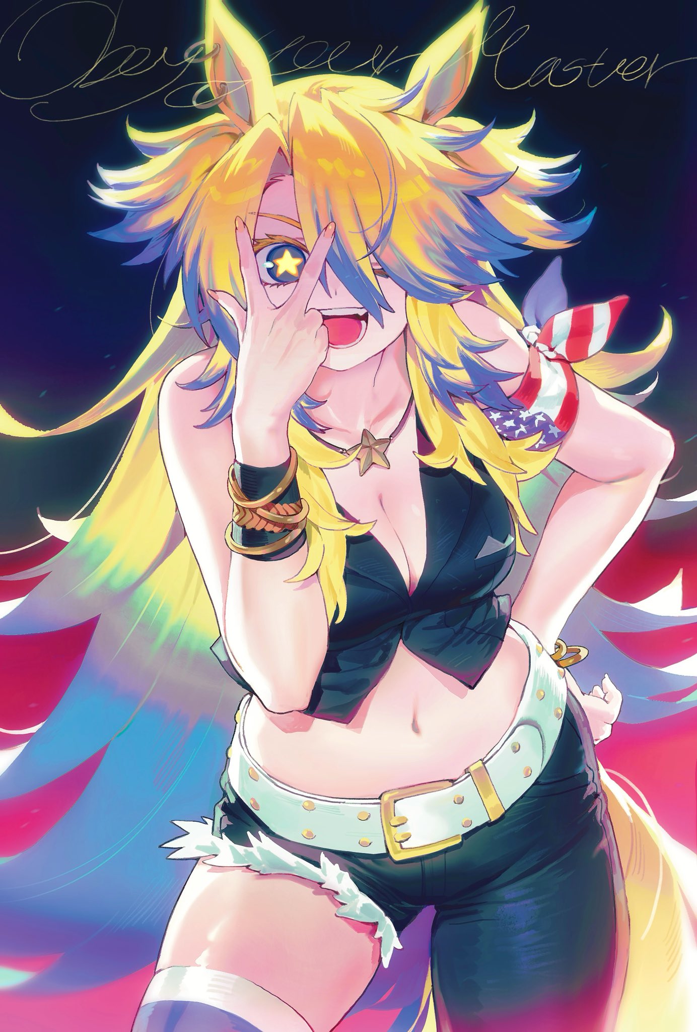 ooo8 q, obey your master (umamusume), umamusume, umamusume: cinderella gray, commentary request, highres, korean commentary, 1girl, animal ears, asymmetrical pants, bandana around arm, bare shoulders, belt, belt buckle, black vest, blonde hair, blue eyes, blue hair, breasts, buckle, character name, cleavage, gradient hair, hand on own hip, horse ears, horse girl, horse tail, jewelry, large breasts, leaning forward, long hair, looking at viewer, midriff, multicolored hair, necklace, one eye closed, open mouth, smile, solo, star-shaped pupils, star (symbol), star necklace, symbol-shaped pupils, tail, thighs, vest, w, w over eye, white belt, yellow nails, yellow tail
