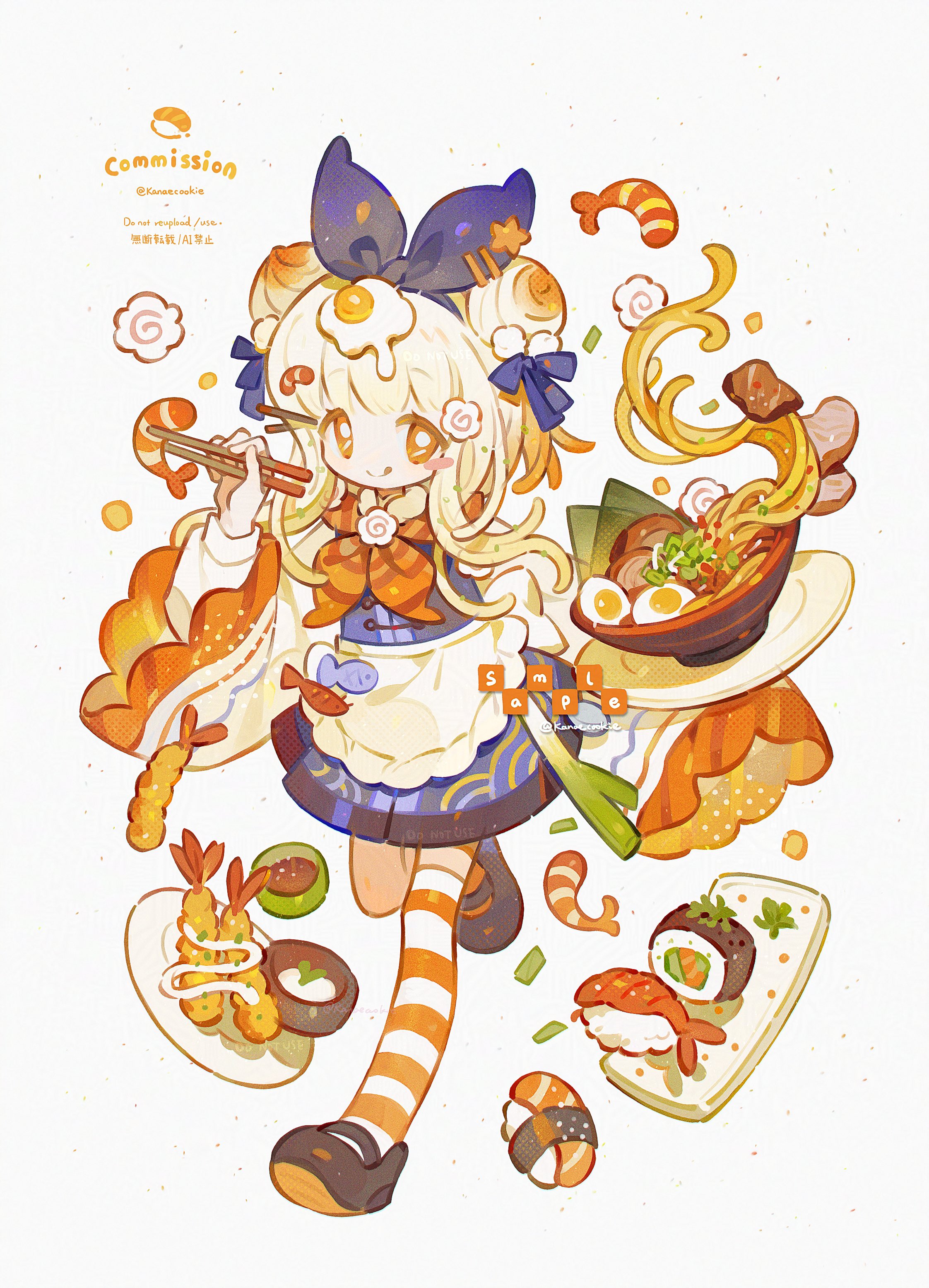 kanae (cookie), original, absurdres, commission, highres, 1girl, :q, blonde hair, blue hairband, blue kimono, blush stickers, bow hairband, bowl, brown shoes, chopsticks, closed mouth, egg (food), egg hair ornament, food, food-themed hair ornament, full body, hair ornament, hairband, holding, holding chopsticks, holding plate, japanese clothes, kamaboko, kimono, leg up, long hair, long sleeves, looking at viewer, narutomaki, neckerchief, noodles, orange eyes, orange neckerchief, plate, sample watermark, shoes, shrimp, simple background, single thighhigh, smile, solo, standing, standing on one leg, striped clothes, striped neckerchief, striped thighhighs, sushi, thighhighs, tongue, tongue out, twitter username, watermark, white background, wide sleeves