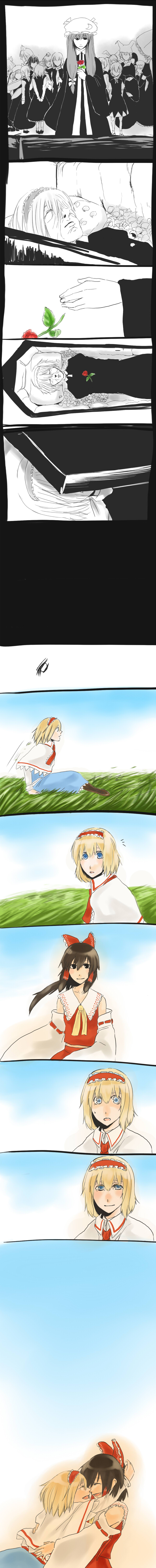 kamaboko tarou, alice margatroid, chen, cirno, daiyousei, fujiwara no mokou, hakurei reimu, kazami yuuka, mystia lorelei, patchouli knowledge, reisen udongein inaba, wriggle nightbug, yakumo ran, yakumo yukari, touhou, absurdres, bad id, bad pixiv id, highres, long image, tall image, 6+girls, coffin, comic, death, flower, funeral, hug, multiple girls, red flower, red rose, rose, silent comic, spot color, yuri