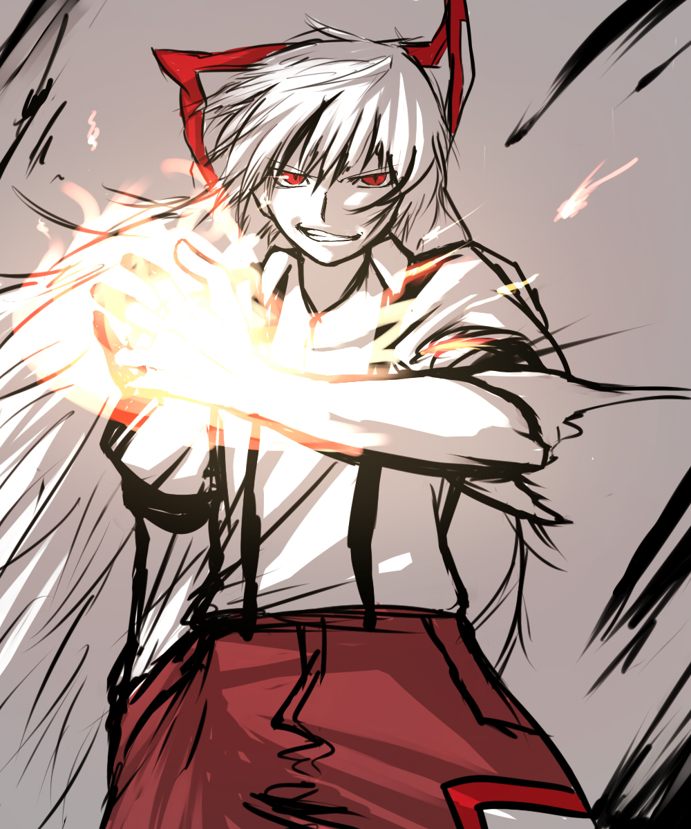 zimu, fujiwara no mokou, touhou, bad id, bad pixiv id, highres, 1girl, female focus, fire, grey theme, grin, hair ribbon, monochrome, red eyes, ribbon, slit pupils, smile, smirk, solo, spot color