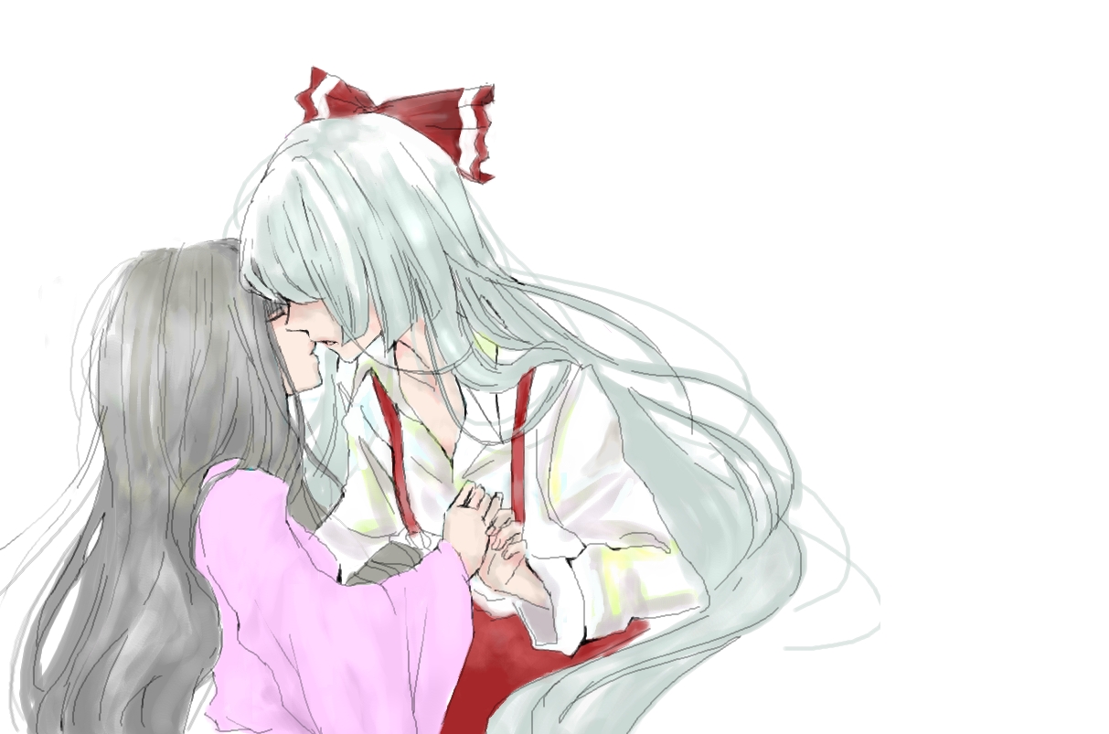 hatsu (first), fujiwara no mokou, houraisan kaguya, touhou, bad id, bad pixiv id, 2girls, closed eyes, female focus, hair over eyes, holding hands, imminent kiss, long hair, multiple girls, profile, yuri