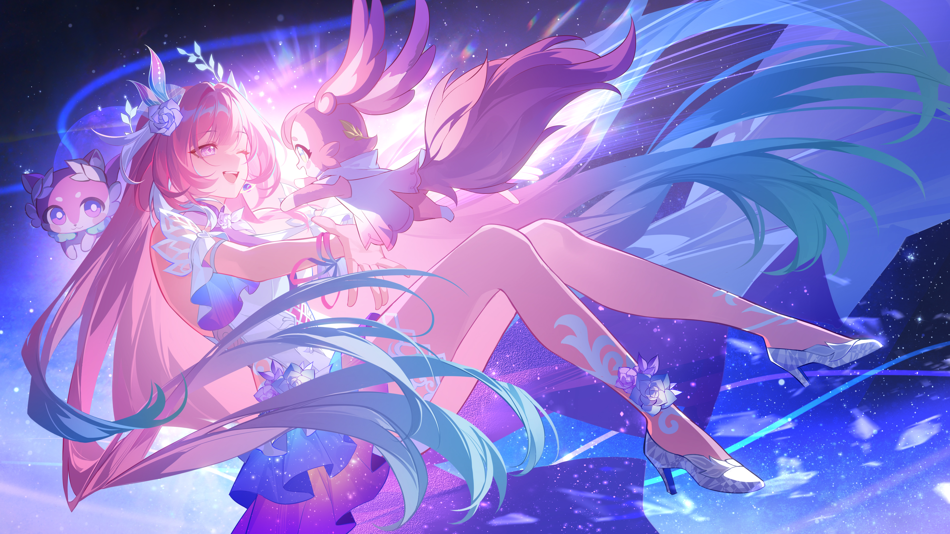 fengtu ad, cyrene (demiurge) (honkai: star rail), cyrene (honkai: star rail), mem (honkai: star rail), honkai: star rail, honkai (series), absurdres, chinese commentary, commentary request, highres, 1girl, amphoreus (honkai: star rail), chrysos heirs (honkai: star rail), dress, flower, holding, holding quill, long hair, pink fur, pink hair, purple flower, purple rose, quill, rose, tail, very long hair, white dress