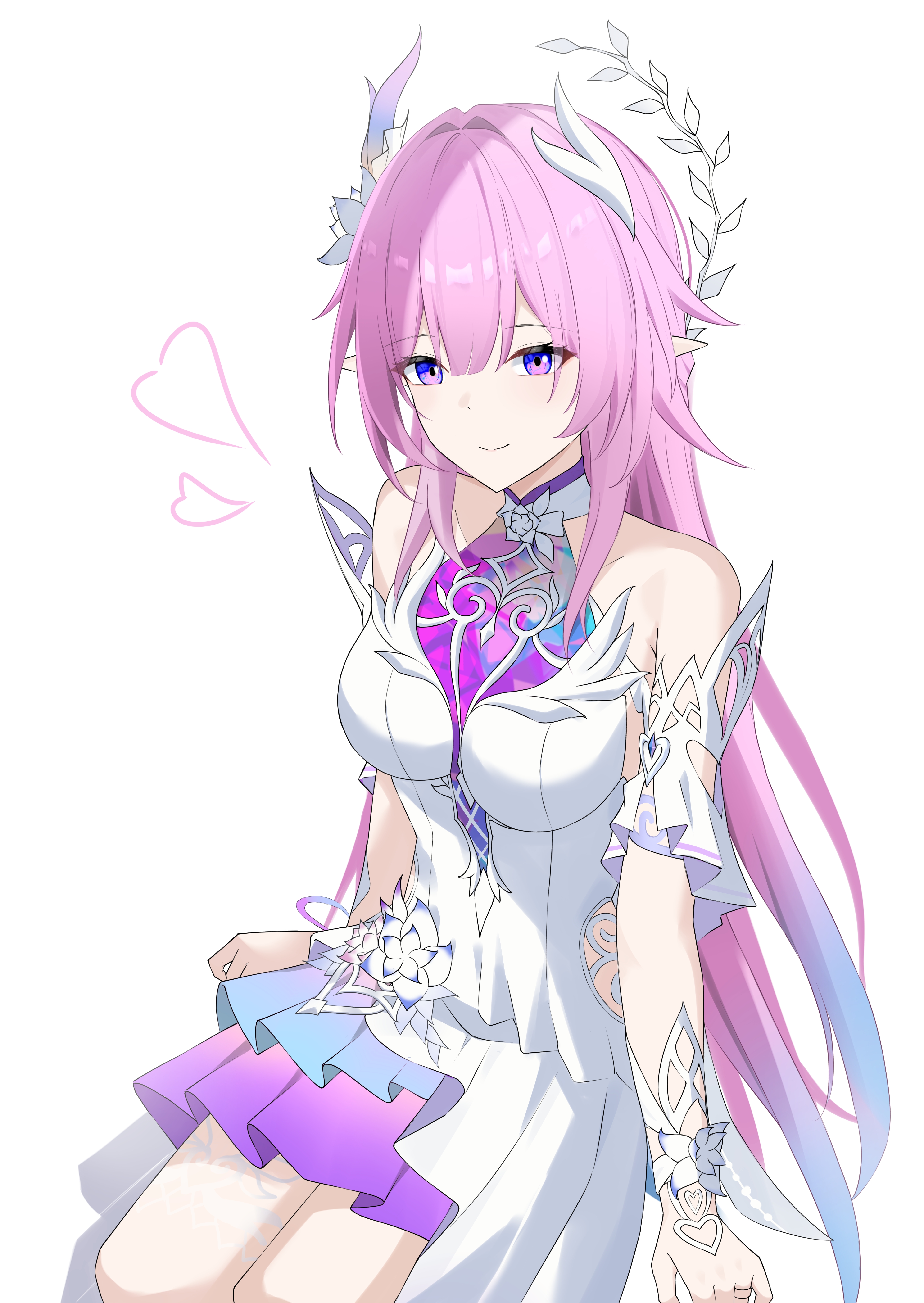 nicel, cyrene (demiurge) (honkai: star rail), cyrene (honkai: star rail), honkai: star rail, honkai (series), absurdres, commentary, highres, 1girl, bare shoulders, breasts, closed mouth, dress, gradient hair, hair intakes, hair ornament, long hair, looking at viewer, medium breasts, multicolored hair, pink hair, pointy ears, purple eyes, sidelocks, simple background, sitting, smile, solo, white background, white dress