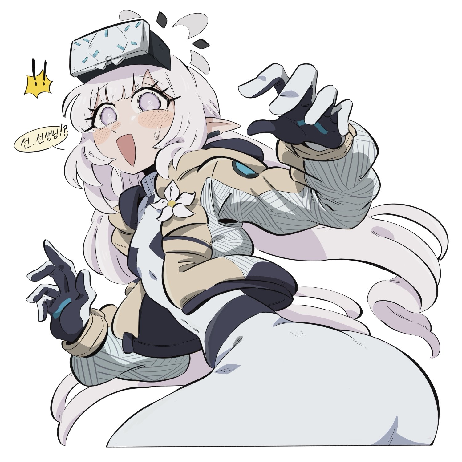 s2h331, himari (armed) (blue archive), himari (blue archive), blue archive, commentary request, highres, korean commentary, translated, !, !!, 1girl, ass, black gloves, black halo, blush, bodysuit, brown jacket, flower pin, from behind, gloves, halo, jacket, korean text, long hair, multicolored gloves, multicolored halo, multicolored jacket, open mouth, pointy ears, simple background, solo, surprised, sweat, two-tone gloves, two-tone halo, two-tone jacket, very long hair, white background, white bodysuit, white gloves, white hair, white halo, white jacket, wide-eyed