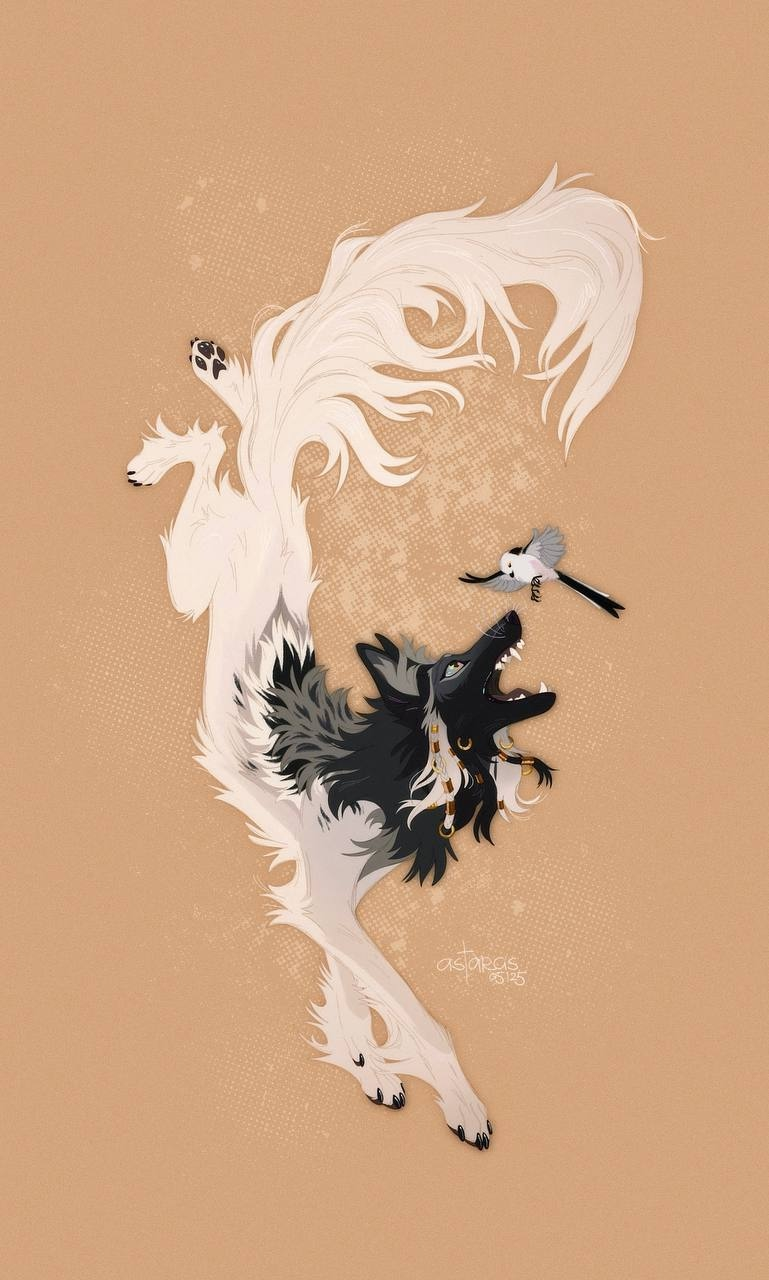 original, commentary, english commentary, highres, animal, animal ears, animal focus, artist name, astarcis, bird, bird wings, black fur, claws, decorations, dynamic pose, fangs, feathers, fluffy, fox, full body, jewelry, no humans, open mouth, sharp teeth, simple background, tail, teeth, very long tail, watermark, white fur, wings, wolf, wolf paws