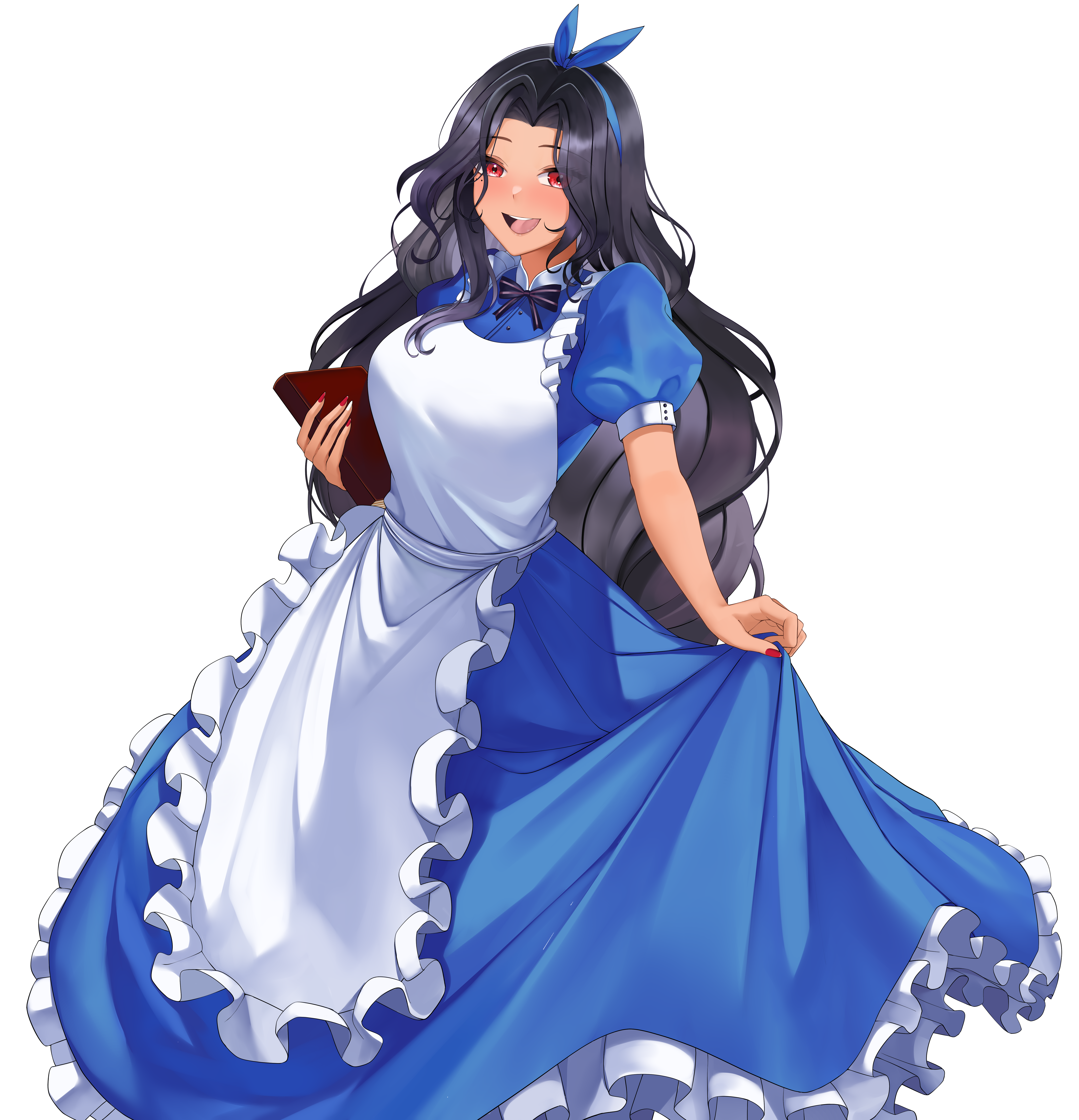landacdeus, alice (alice in wonderland), scarle yonaguni, alice's adventures in wonderland, nijisanji, nijisanji en, absurdres, highres, second-party source, 1girl, alice (alice in wonderland) (cosplay), alternate costume, apron, black bow, black bowtie, black hair, blue dress, blue ribbon, book, bow, bowtie, breasts, buttons, cosplay, dress, frilled apron, frilled dress, frills, hair ribbon, holding, holding book, long hair, mole, mole under eye, multicolored nails, multiple moles, open mouth, red eyes, red nails, ribbon, simple background, skirt hold, smile, solo, teeth, transparent background, two-tone nails, upper teeth only, virtual youtuber, white apron, white nails