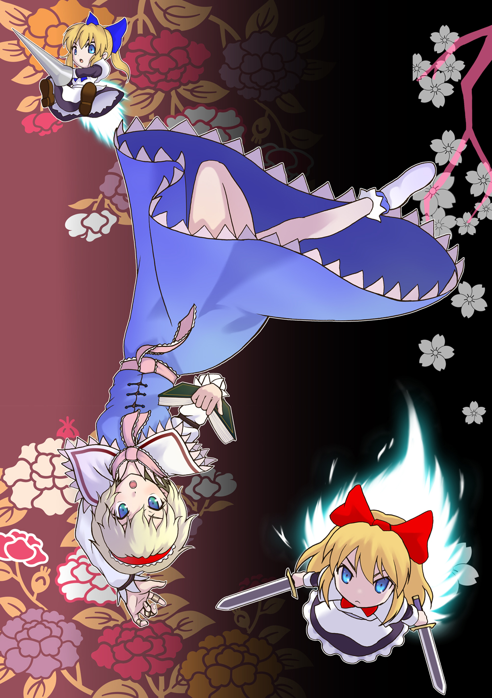 might shiganai, shiganai might, alice margatroid, hourai doll, shanghai doll, touhou, highres, 1girl, blonde hair, blue eyes, book, doll, dual wielding, female focus, hair ribbon, hairband, holding, lance, polearm, ribbon, short hair, solo, spear, sword, upside-down, weapon