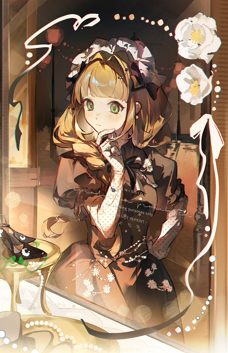zeriko, original, commission, highres, mihuashi commission, 1girl, blonde hair, blunt bangs, bow, bowtie, bracelet, brooch, brown bow, brown bowtie, brown dress, brown shoes, chromatic aberration, closed mouth, cowboy shot, dress, earrings, eyelashes, flower, flower brooch, gem, gloves, green eyes, green gem, hair bow, hair intakes, hair ornament, hair over shoulder, headdress, high heels, indoors, jewelry, long hair, makeup, mirror, pearl (gemstone), pearl earrings, polka dot, polka dot gloves, puffy short sleeves, puffy sleeves, reflection, ribbon, ring, rouge (makeup), shoes, short sleeves, sidelocks, solo, standing, watermark, white flower, white headdress, white ribbon