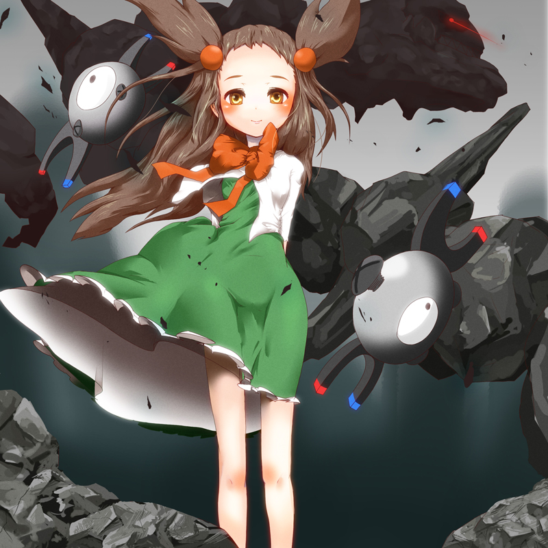 fasynater, yagami eiichi, yagami ryouichi, jasmine (pokemon), magnemite, steelix, nintendo, pokemon, pokemon hgss, bad id, bad pixiv id, 00s, 1girl, blush, gen 1 pokemon, gen 2 pokemon, glowing, glowing eyes, gym leader, hair ribbon, pokemon (creature), pokemon team, red eyes, ribbon, skirt, twintails, two side up