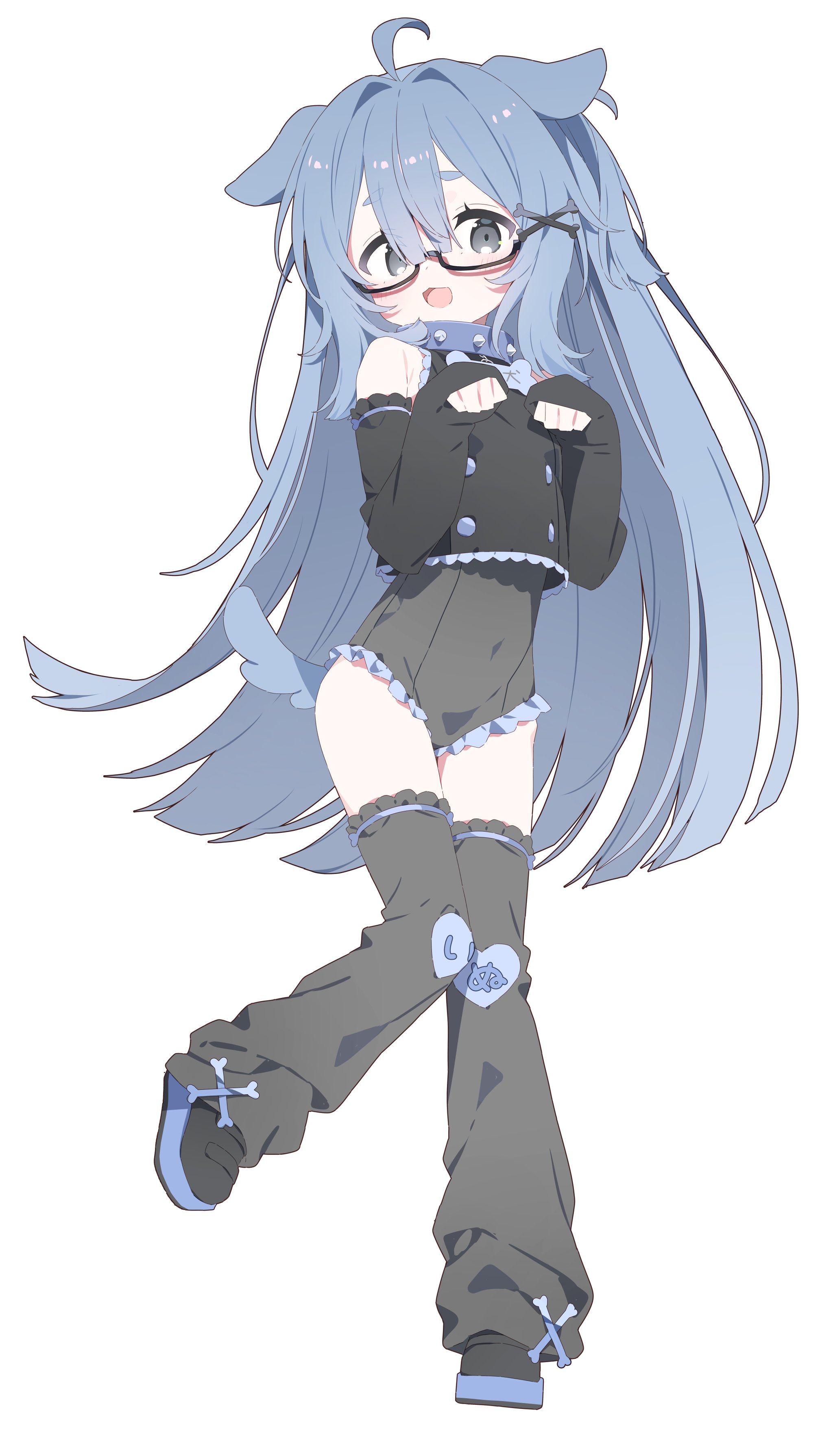 urotsuki (ku9625), original, absurdres, commentary request, commission, highres, skeb commission, 1girl, :d, ahoge, animal ears, bare shoulders, black-framed eyewear, black leotard, black shirt, black shoes, black thighhighs, blue collar, blue hair, blush, bone hair ornament, buttons, collar, covered navel, dog ears, dog girl, dog tail, double-breasted, double-parted bangs, frilled leotard, frills, full body, glasses, grey eyes, hair between eyes, hair intakes, hair ornament, hands up, leotard, long hair, long sleeves, looking at viewer, open mouth, paw pose, semi-rimless eyewear, shirt, shoes, simple background, sleeves past wrists, smile, solo, spiked collar, spikes, standing, standing on one leg, tail, thick eyebrows, thighhighs, under-rim eyewear, white background
